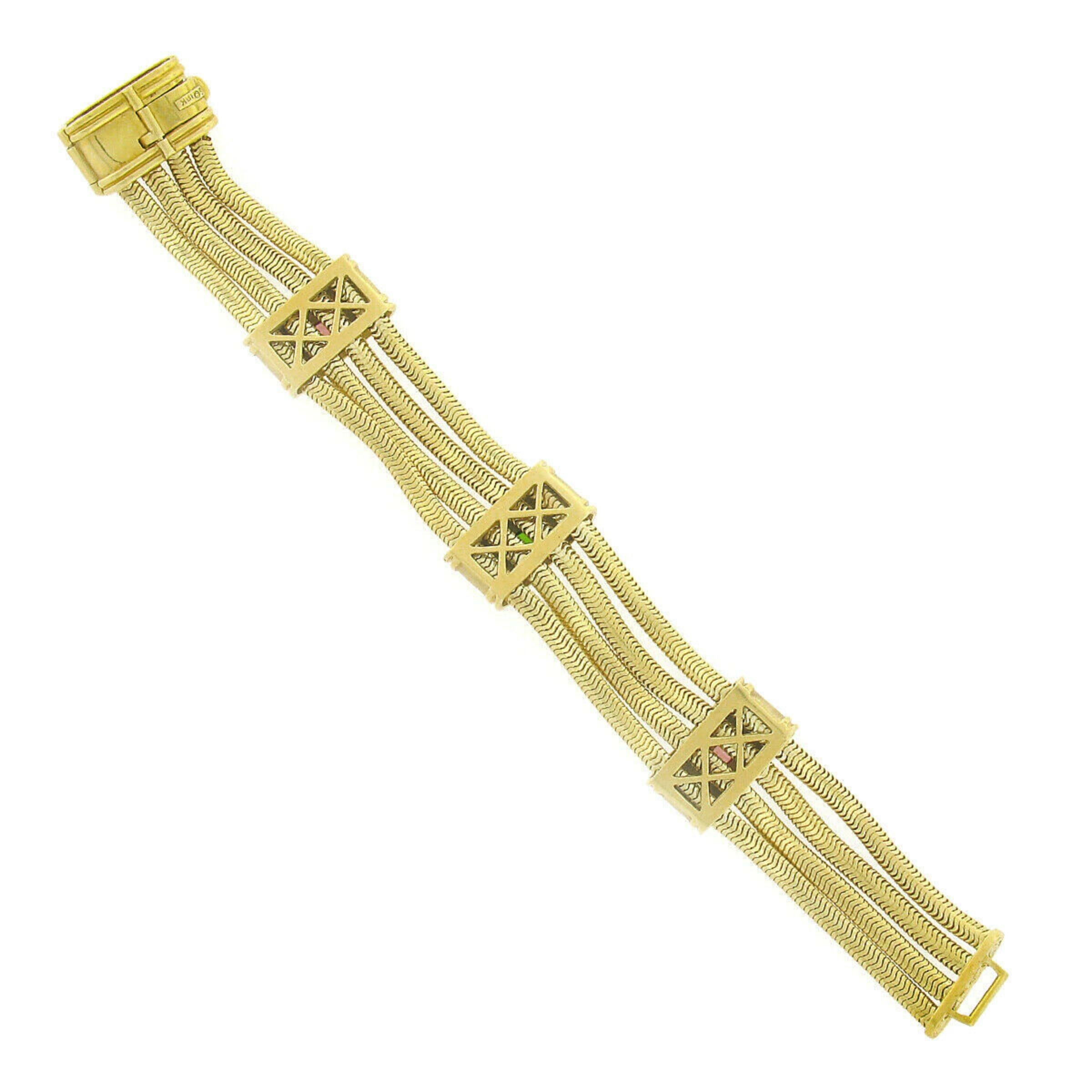 SeidenGang 18k Gold 4 Row Snake Chain w/ Pink & Green Tourmaline Panel Bracelet 2