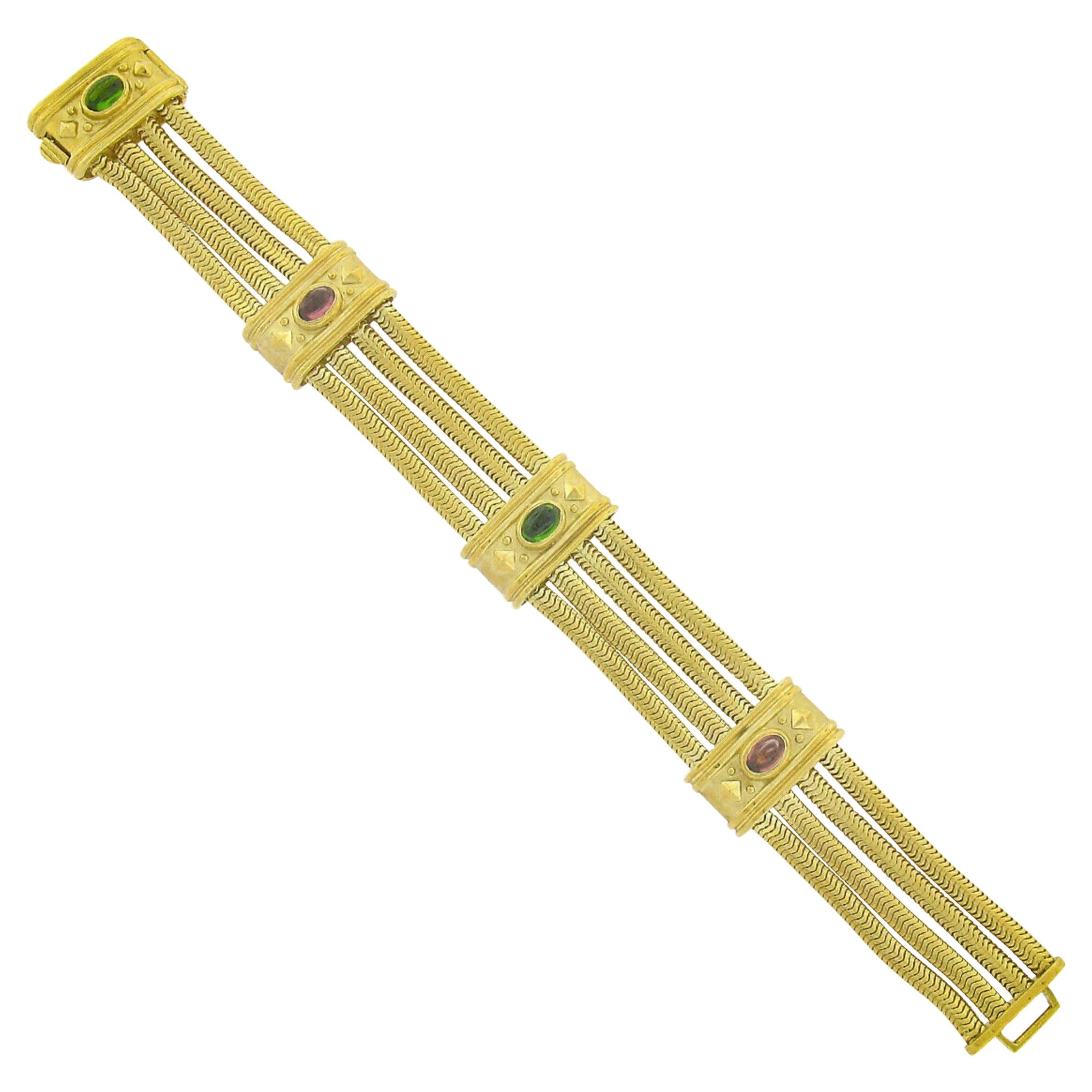 SeidenGang 18k Gold 4 Row Snake Chain w/ Pink & Green Tourmaline Panel Bracelet