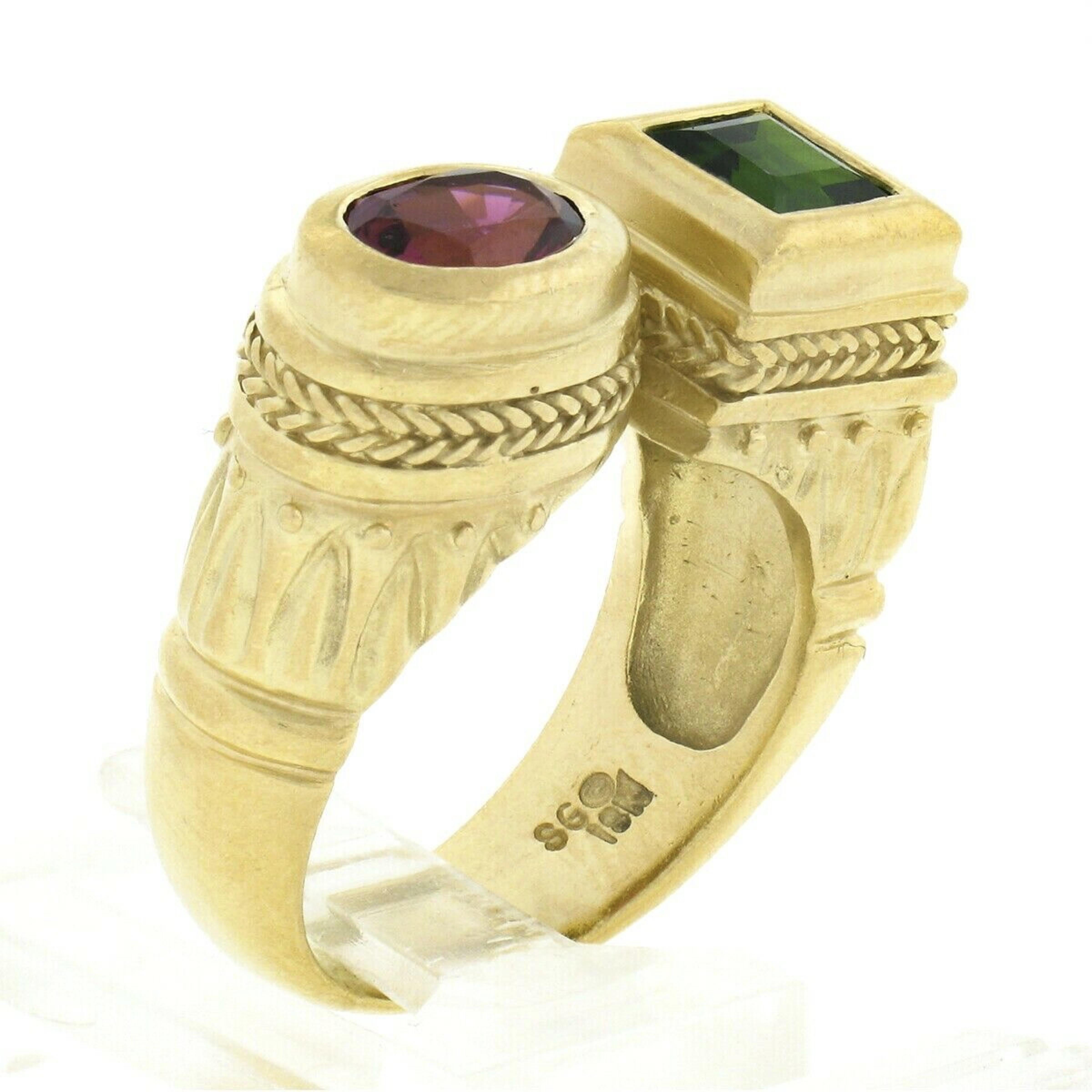 SeidenGang 18k Gold Bezel Pink Tourmaline Tsavorite 2 Stone Detailed Matte Ring 5