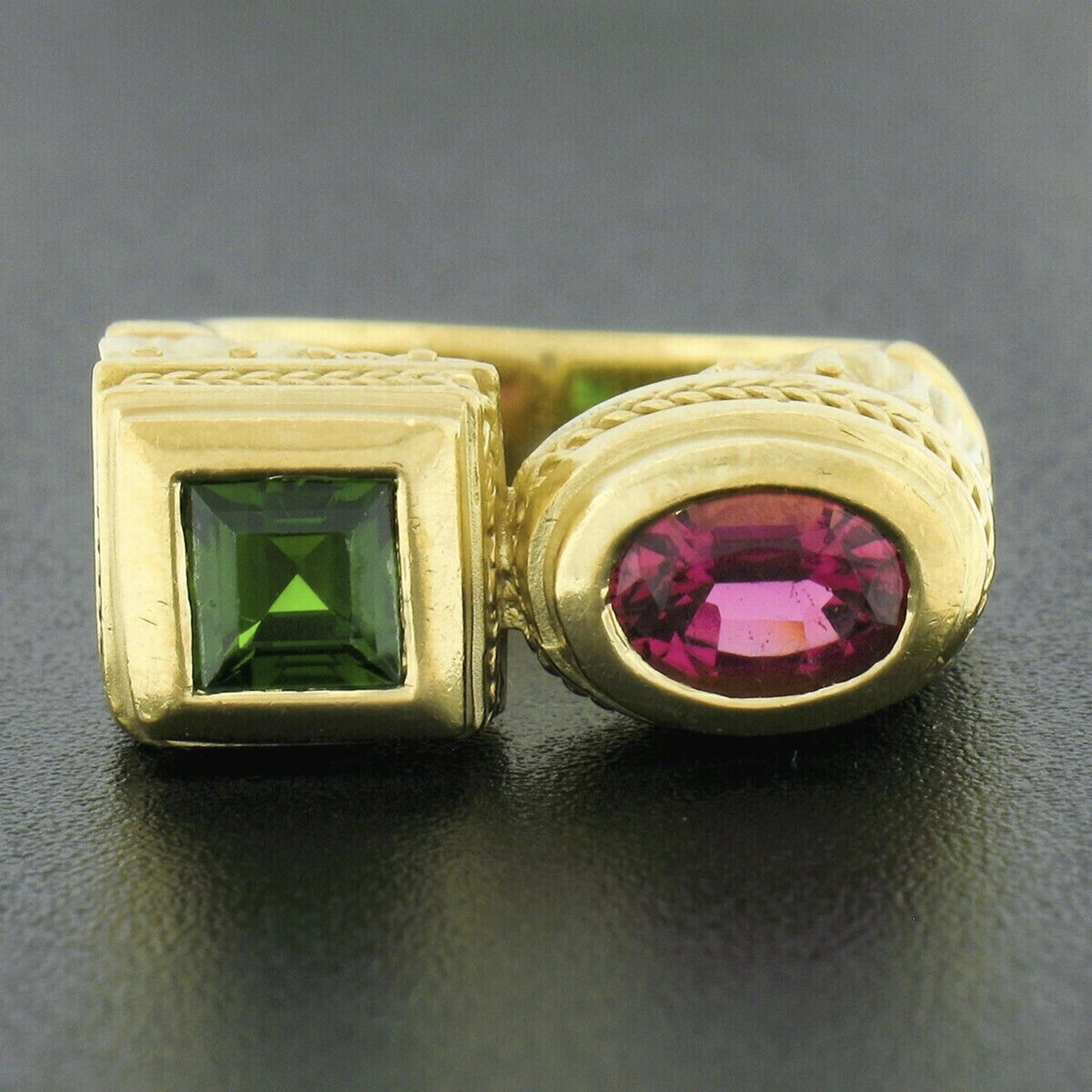 Oval Cut SeidenGang 18k Gold Bezel Pink Tourmaline Tsavorite 2 Stone Detailed Matte Ring