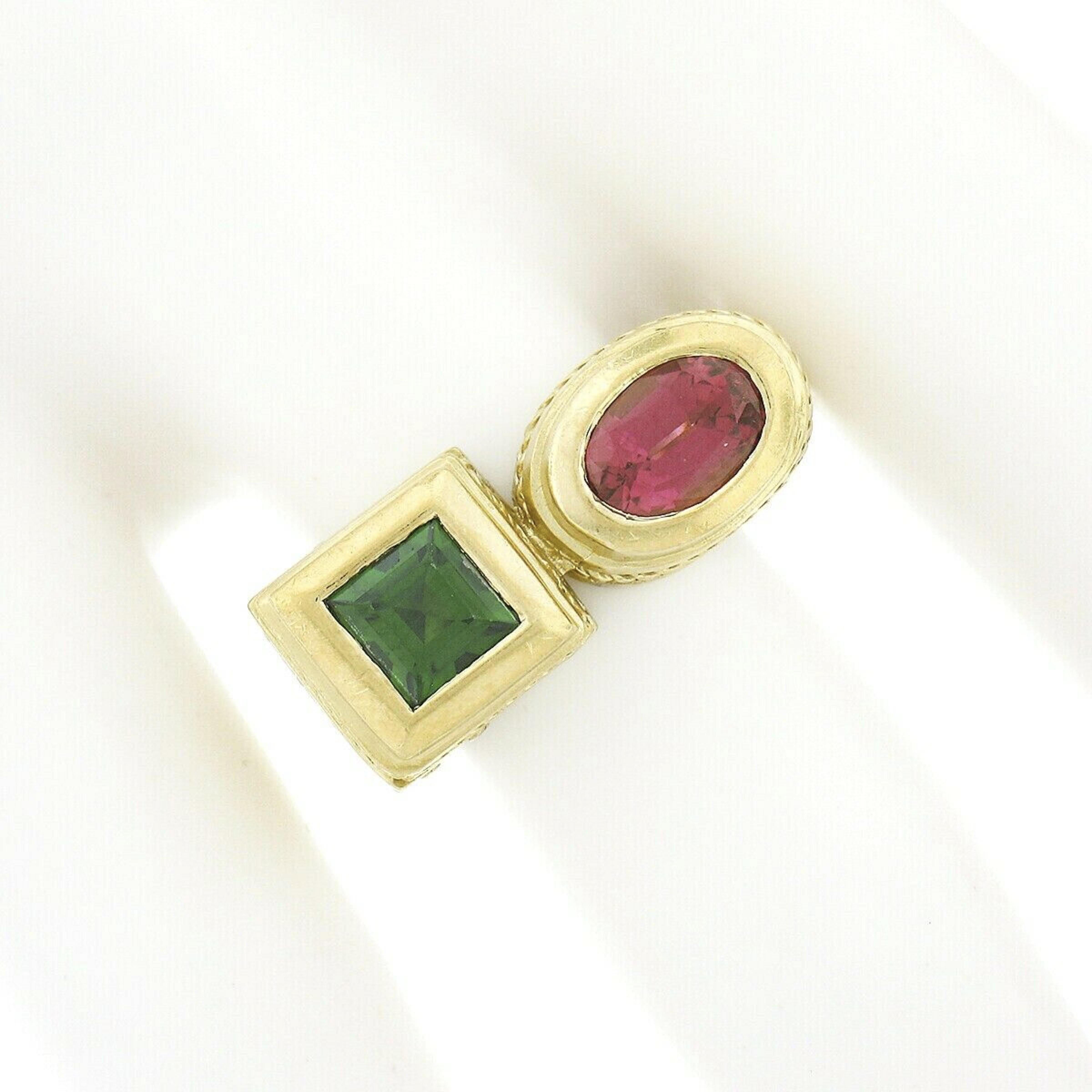 SeidenGang 18k Gold Bezel Pink Tourmaline Tsavorite 2 Stone Detailed Matte Ring In Good Condition In Montclair, NJ