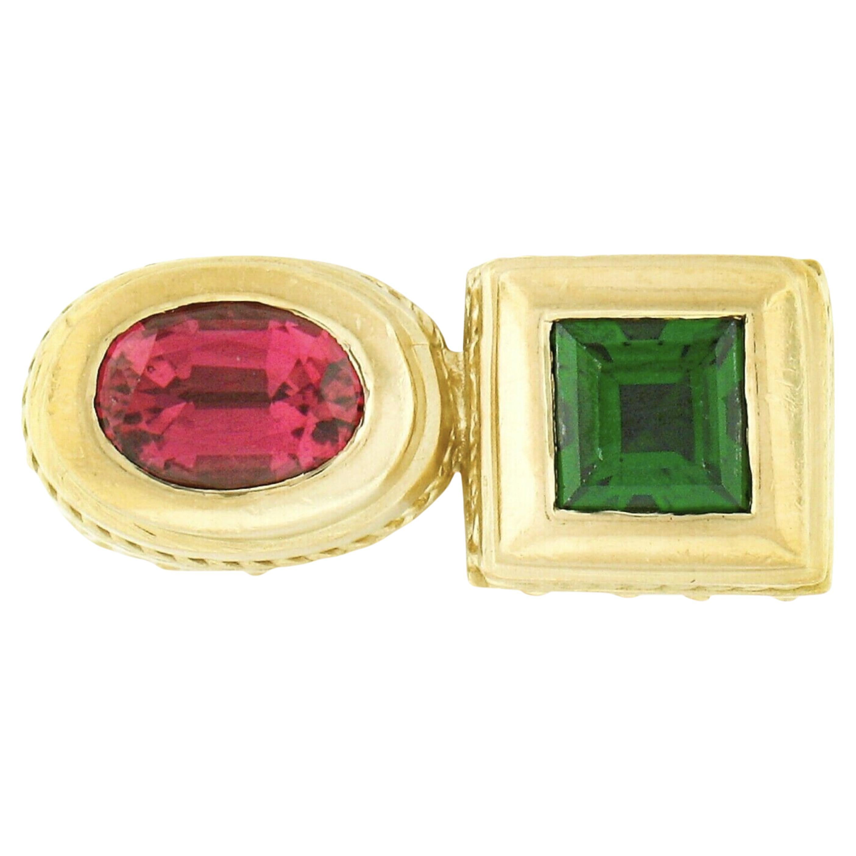 SeidenGang 18k Gold Bezel Pink Tourmaline Tsavorite 2 Stone Detailed Matte Ring