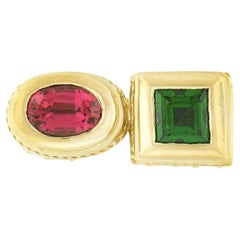 Retro SeidenGang 18k Gold Bezel Pink Tourmaline Tsavorite 2 Stone Detailed Matte Ring