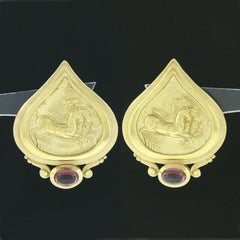 Seidengang 18K Gold Cabochon Bezel Pink Tourmaline Horse Scene Athena Earrings