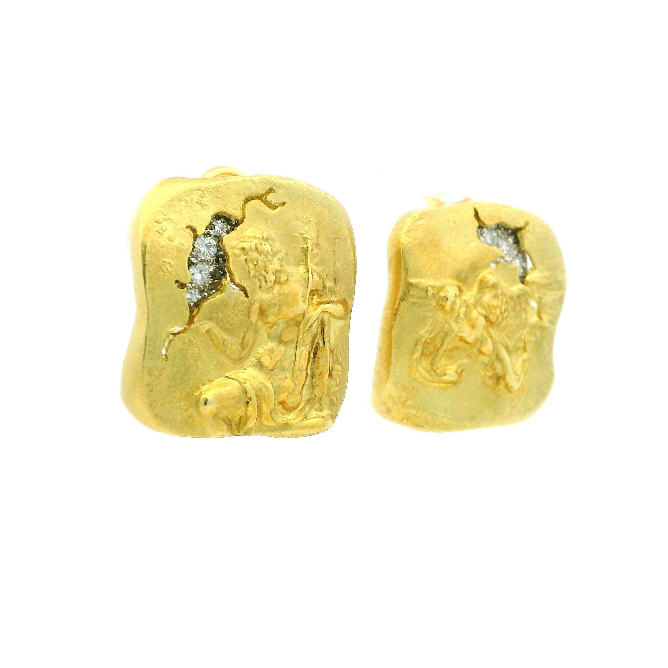 Revival Seidengang 18K Gold Mythological Earrings with Diamonds For Sale