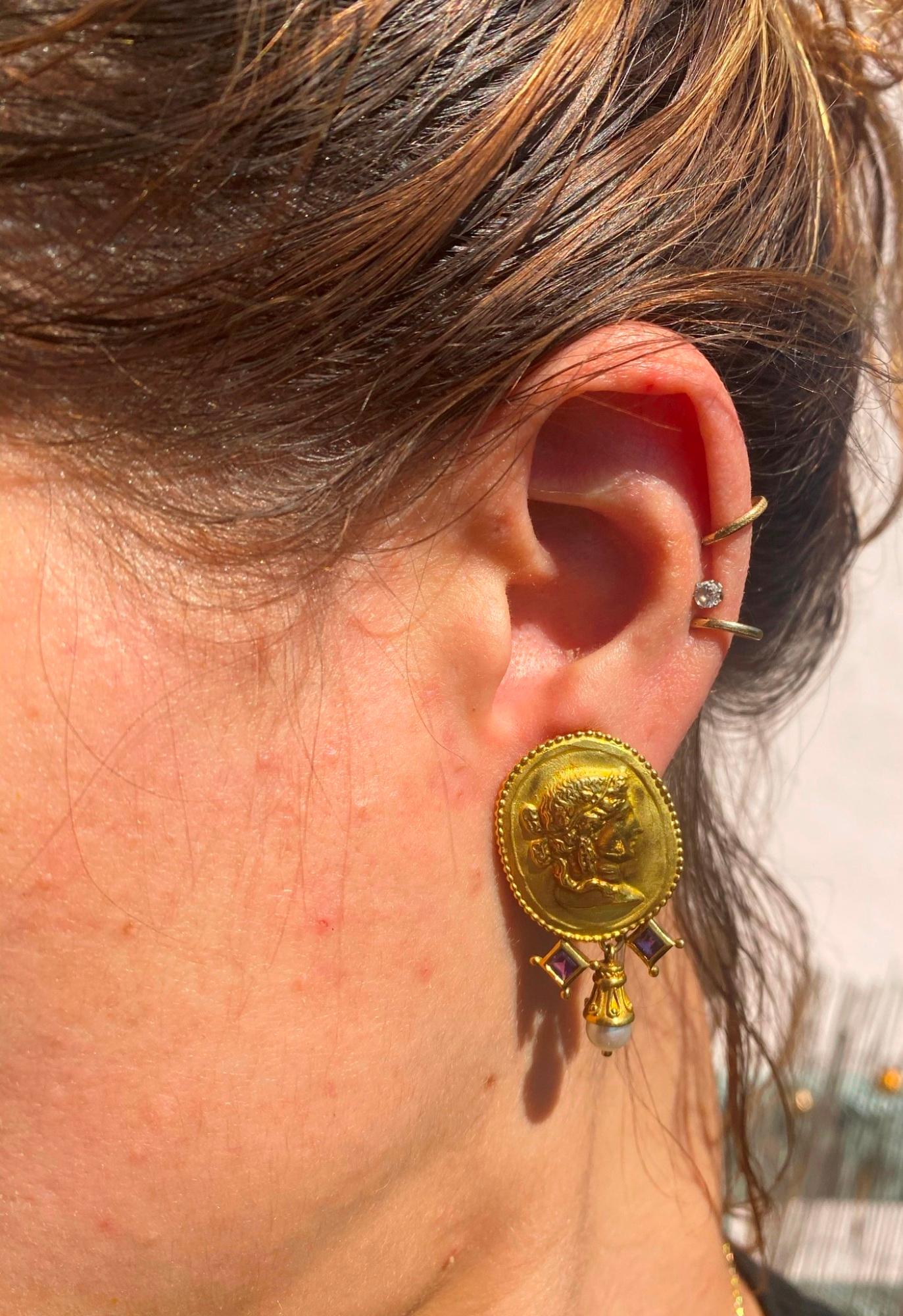 Greek Revival SeidenGang 18K High Relief Sculptured Classical Women Amethysts Pearls Earrings For Sale