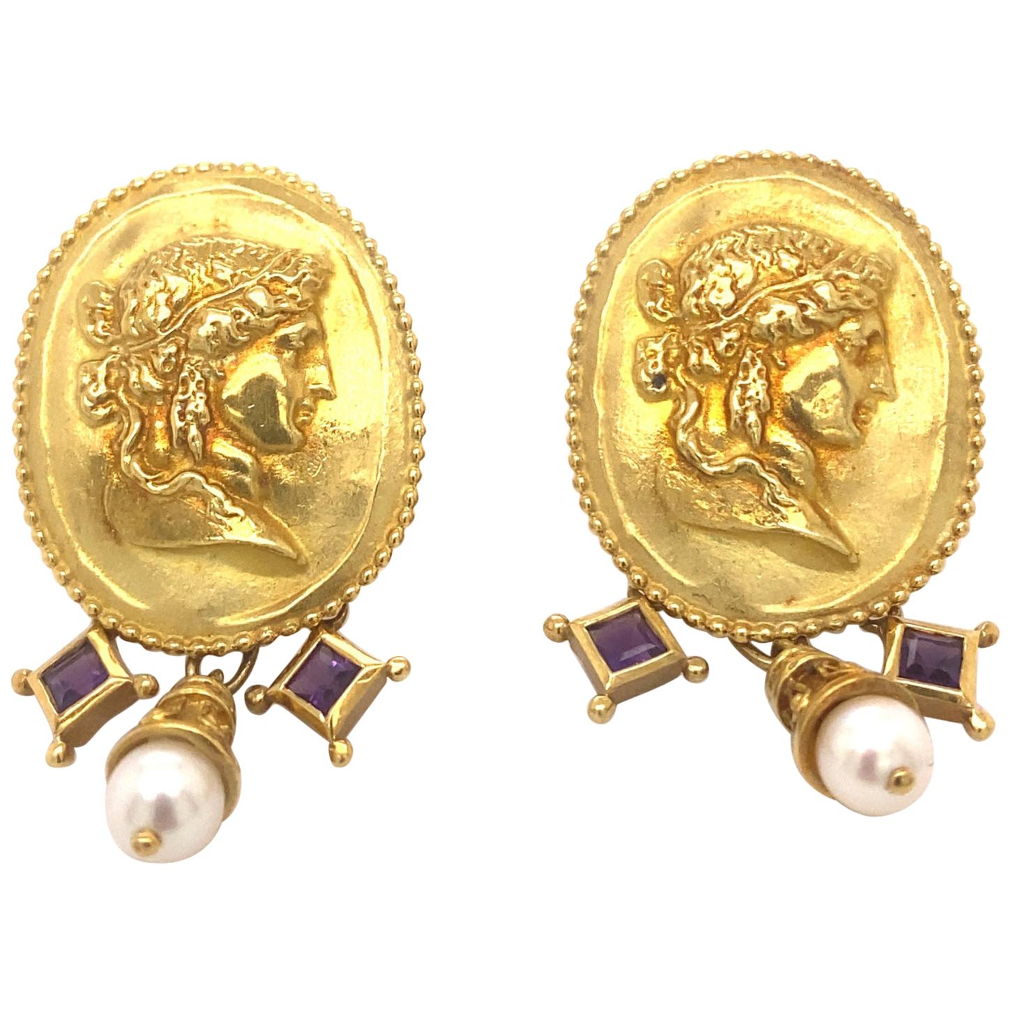 SeidenGang 18K High Relief Sculptured Classical Women Amethysts Pearls Earrings For Sale