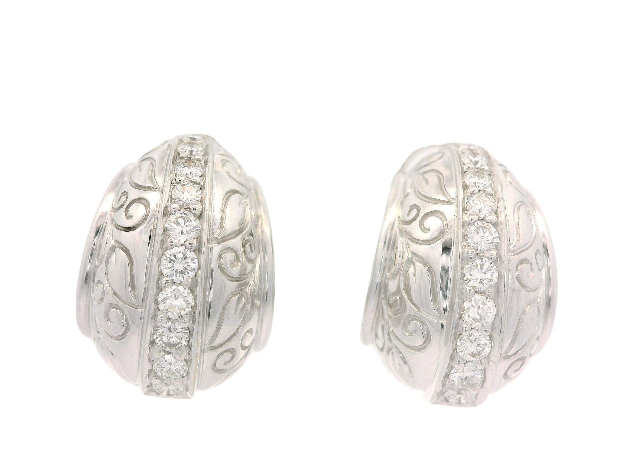 Seidengang 18k White Gold 0.40ctw Diamond Hand Engraved Cuff Omega Earrings For Sale 2