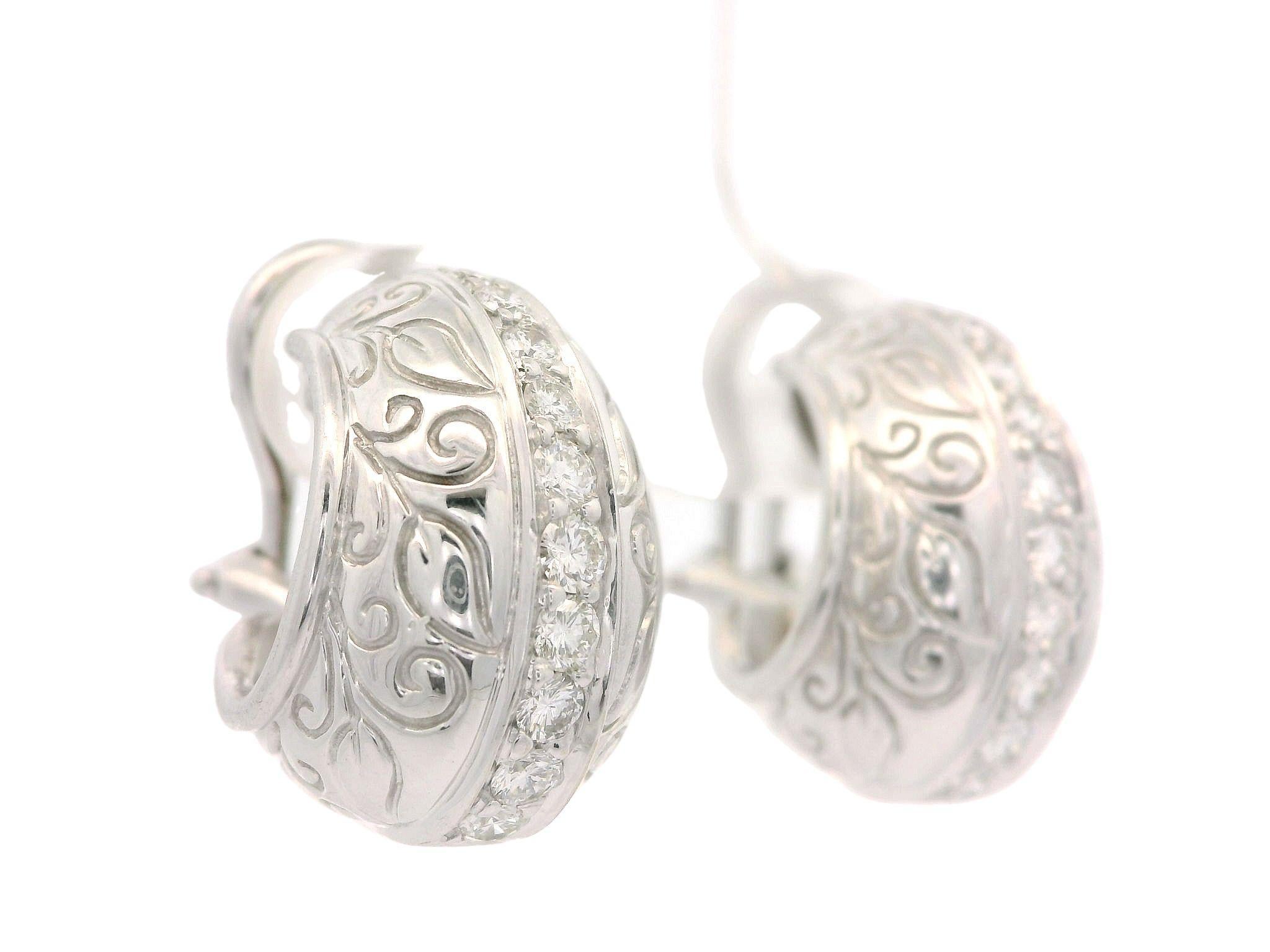 Seidengang 18k White Gold 0.40ctw Diamond Hand Engraved Cuff Omega Earrings For Sale 3