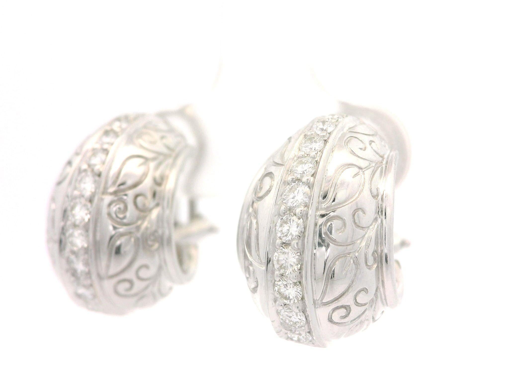 Seidengang 18k White Gold 0.40ctw Diamond Hand Engraved Cuff Omega Earrings For Sale 4