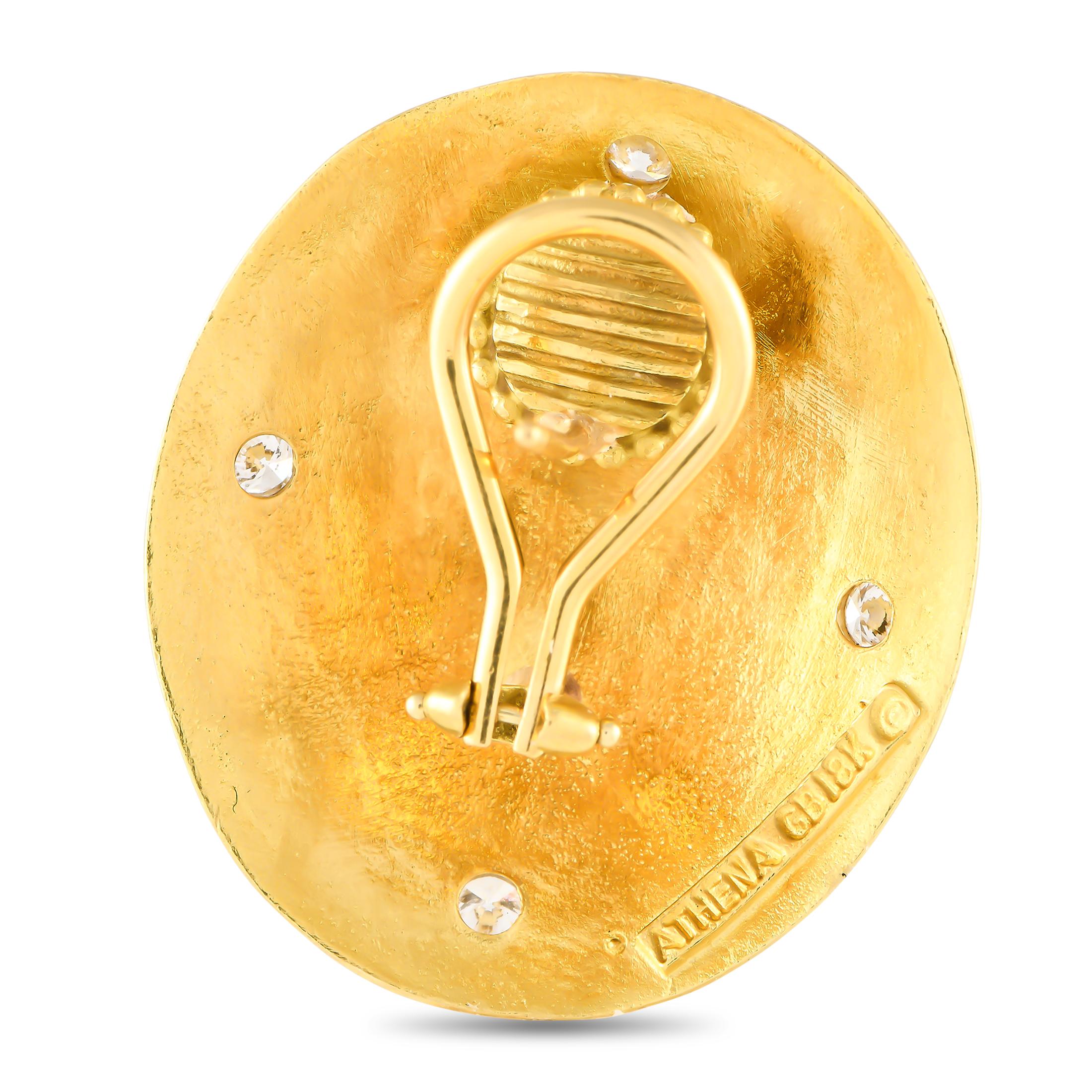 Classical motifs serve as a stunning focal point on these simple, elegant Seiden Gang Earrings. Sparkling Diamonds with a total weight of 0.50 carats elevate the 18K Yellow Gold settings, which measure 1.15 long by 1.0 wide.This jewelry piece is
