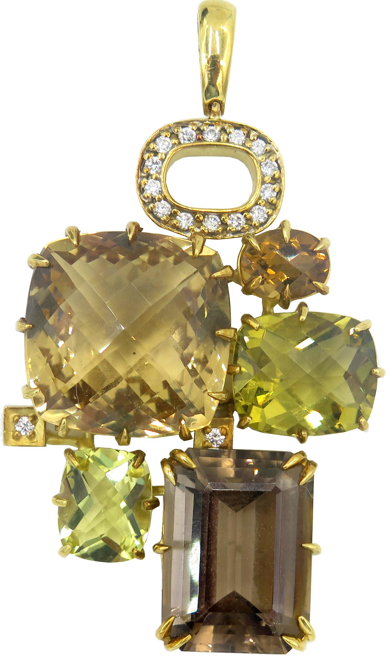 A pendant and earring set of timeless beauty by Seidengang, set in 18k yellow gold. Fourteen beautiful round diamonds are mounted in a gold oval at the top of the pendant. Attached to the oval are faceted gems of Peridot, Citrine and Quartz, forming