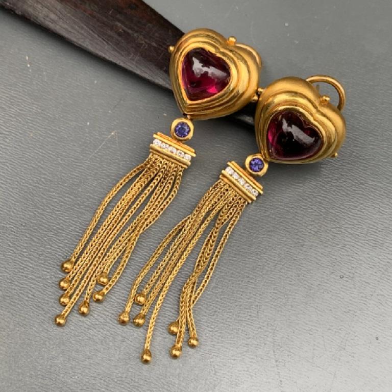 Fabulous  statement earrings by  SG /SEIDENGANG  made in solid  18kt yellow gold with Heart shape Tourmaline cabochons , amethyst and paved tiny diamond .  Tassel earrings are for Pierced ears 
Maker's mark 