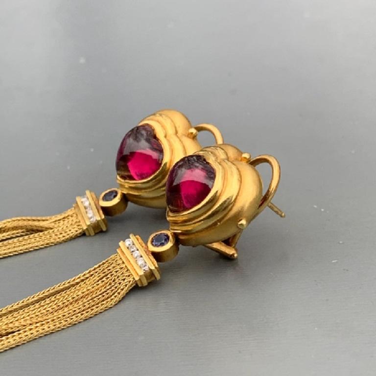 Victorian Seidengang 18k Yellow Gold Tourmaline Amethyst Diamond Tassel Earrings, 19 Gram For Sale
