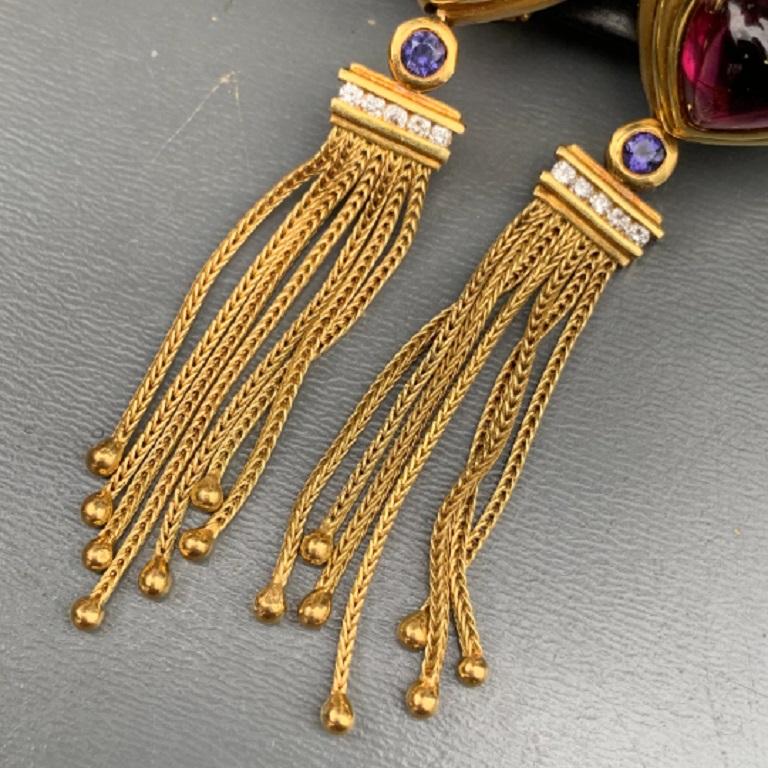 Cabochon Seidengang 18k Yellow Gold Tourmaline Amethyst Diamond Tassel Earrings, 19 Gram For Sale