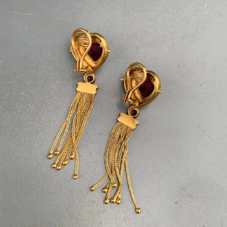 Seidengang 18k Yellow Gold Tourmaline Amethyst Diamond Tassel Earrings, 19 Gram In Good Condition For Sale In Plainsboro, NJ