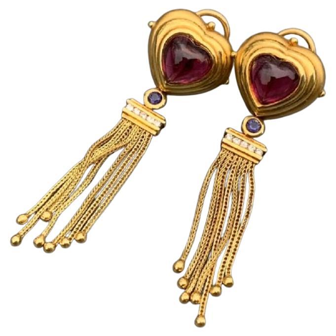 Seidengang 18k Yellow Gold Tourmaline Amethyst Diamond Tassel Earrings, 19 Gram For Sale
