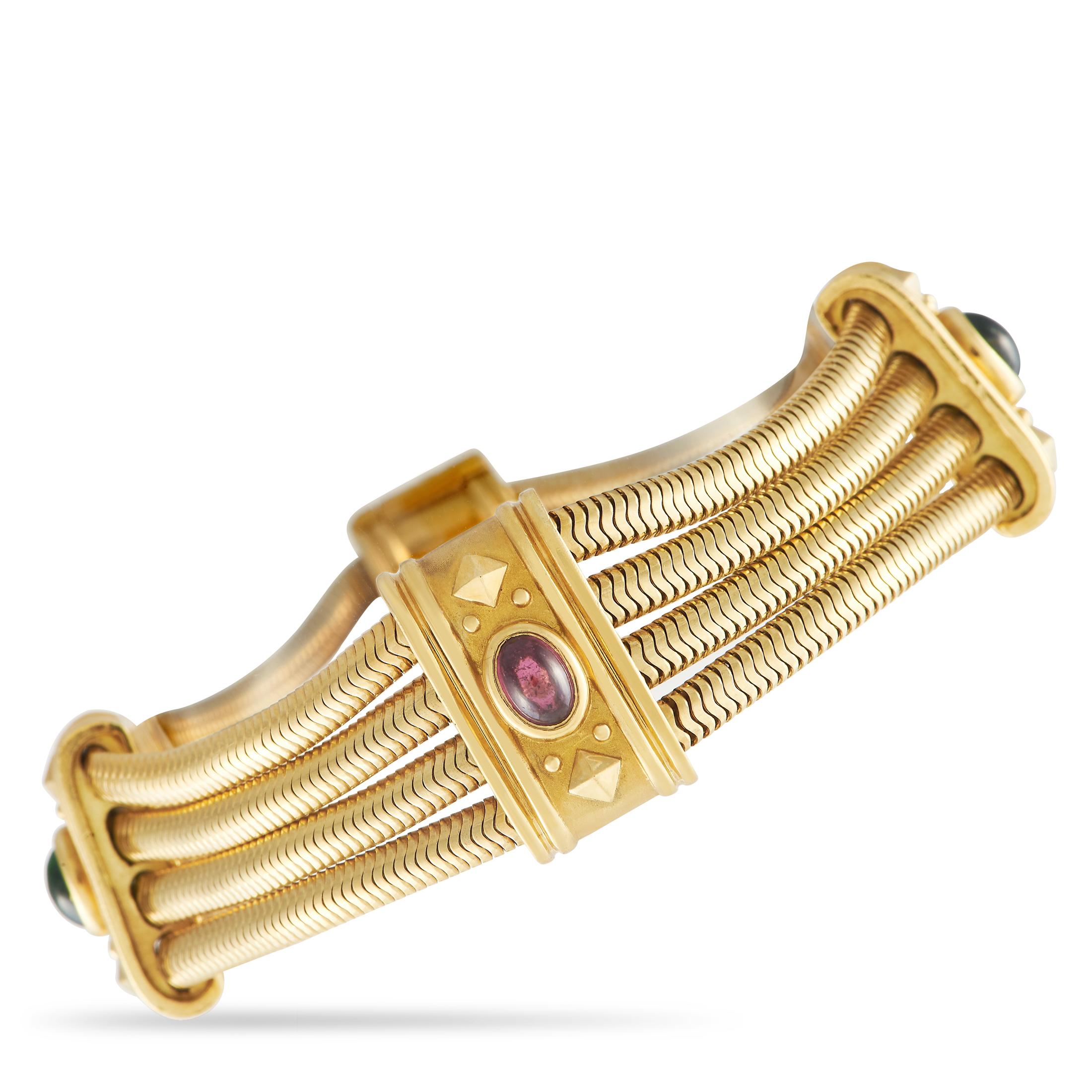 Bring interest and intrigue to your looks with this vintage bracelet. This SeidenGang piece features four rows of snake chains connected by rectangular bars punctuated by a bezel-set tourmaline. The multi-strand bracelet is fashioned in rich 18K