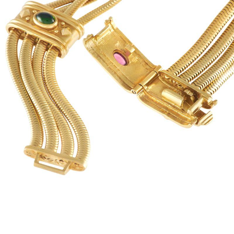 Mixed Cut Seidengang 18k Yellow Gold Tourmaline Four Row Snake Chain Bracelet For Sale
