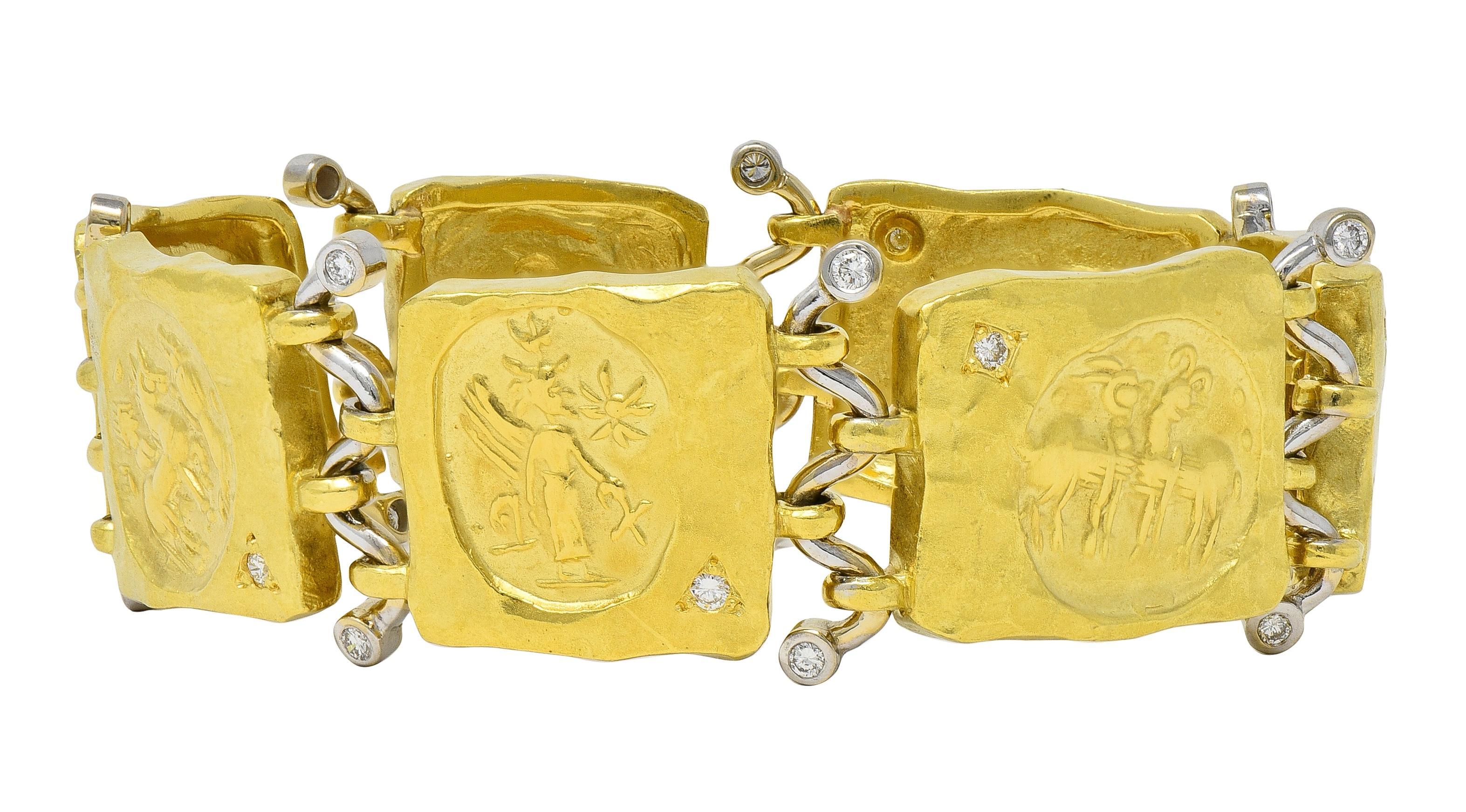 SeidenGang 1990's Diamond 18 Karat Gold Vintage Ancient Panel Link Bracelet For Sale 5