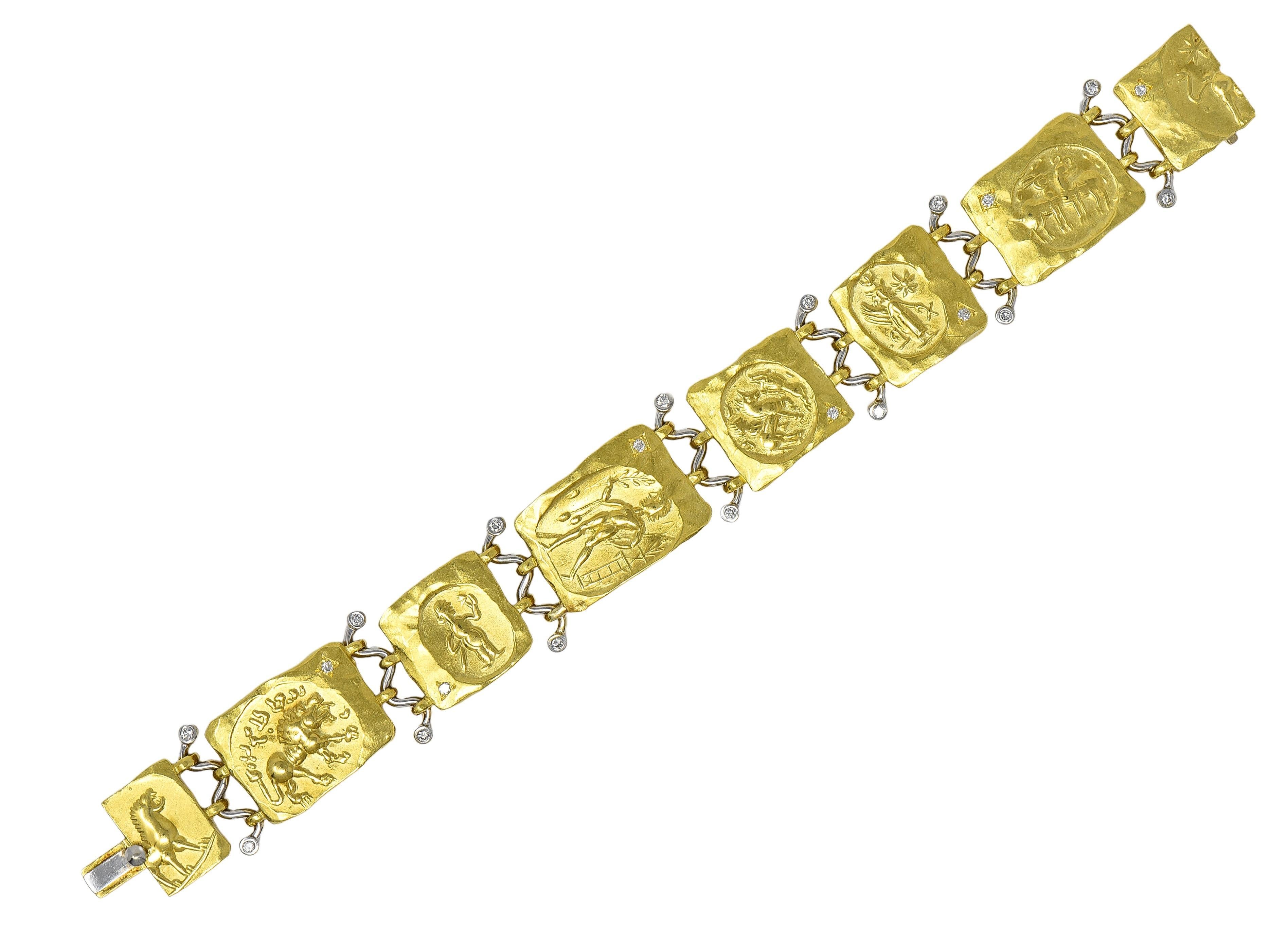 Modern SeidenGang 1990's Diamond 18 Karat Gold Vintage Ancient Panel Link Bracelet For Sale