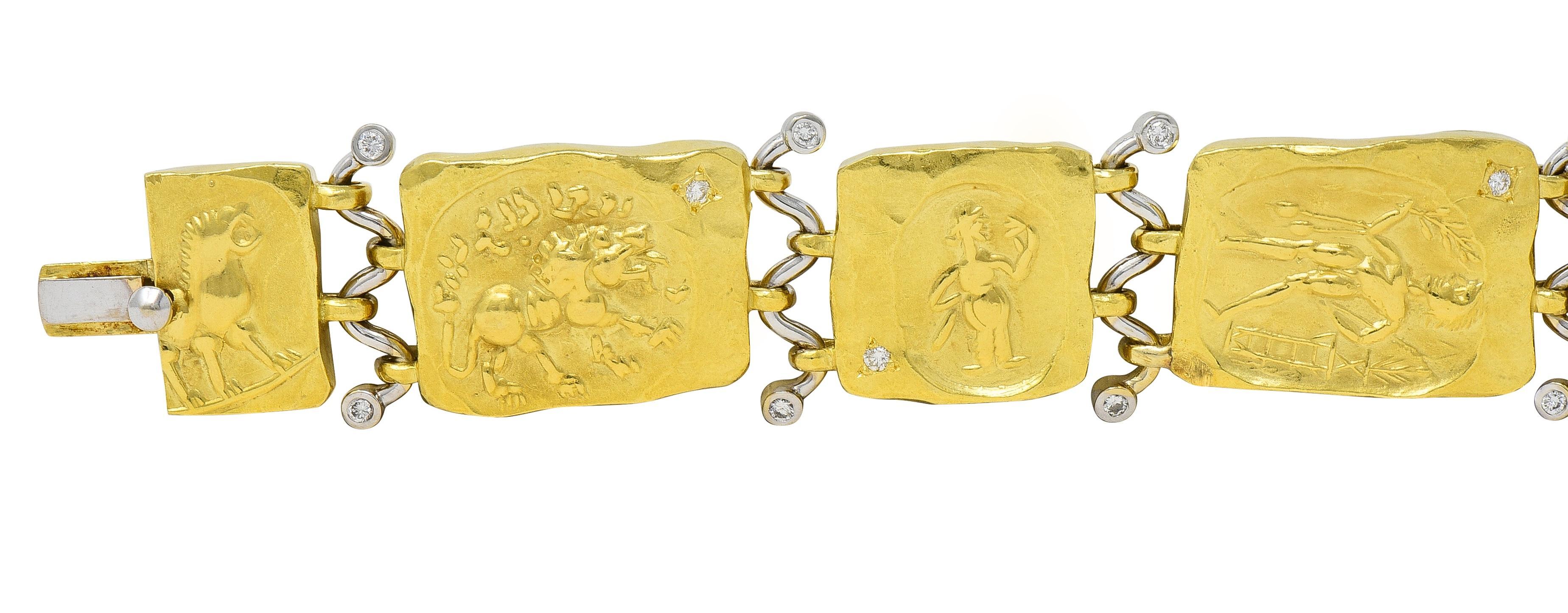 Brilliant Cut SeidenGang 1990's Diamond 18 Karat Gold Vintage Ancient Panel Link Bracelet For Sale