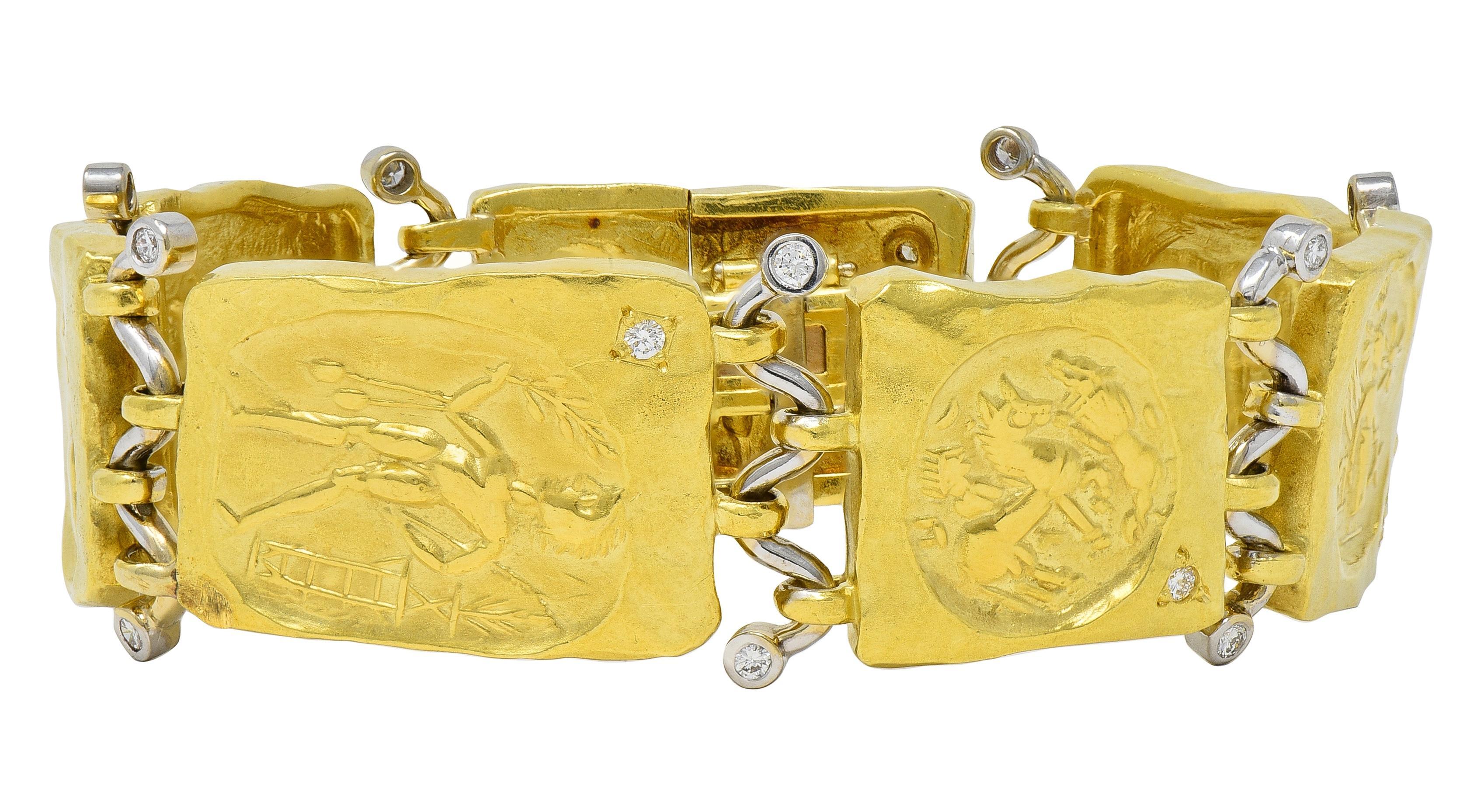 Women's SeidenGang 1990's Diamond 18 Karat Gold Vintage Ancient Panel Link Bracelet For Sale