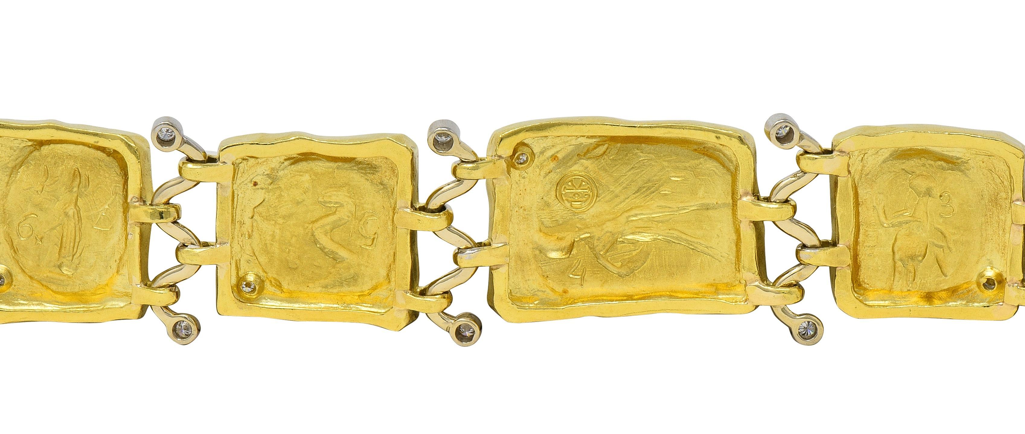 SeidenGang 1990's Diamond 18 Karat Gold Vintage Ancient Panel Link Bracelet For Sale 1