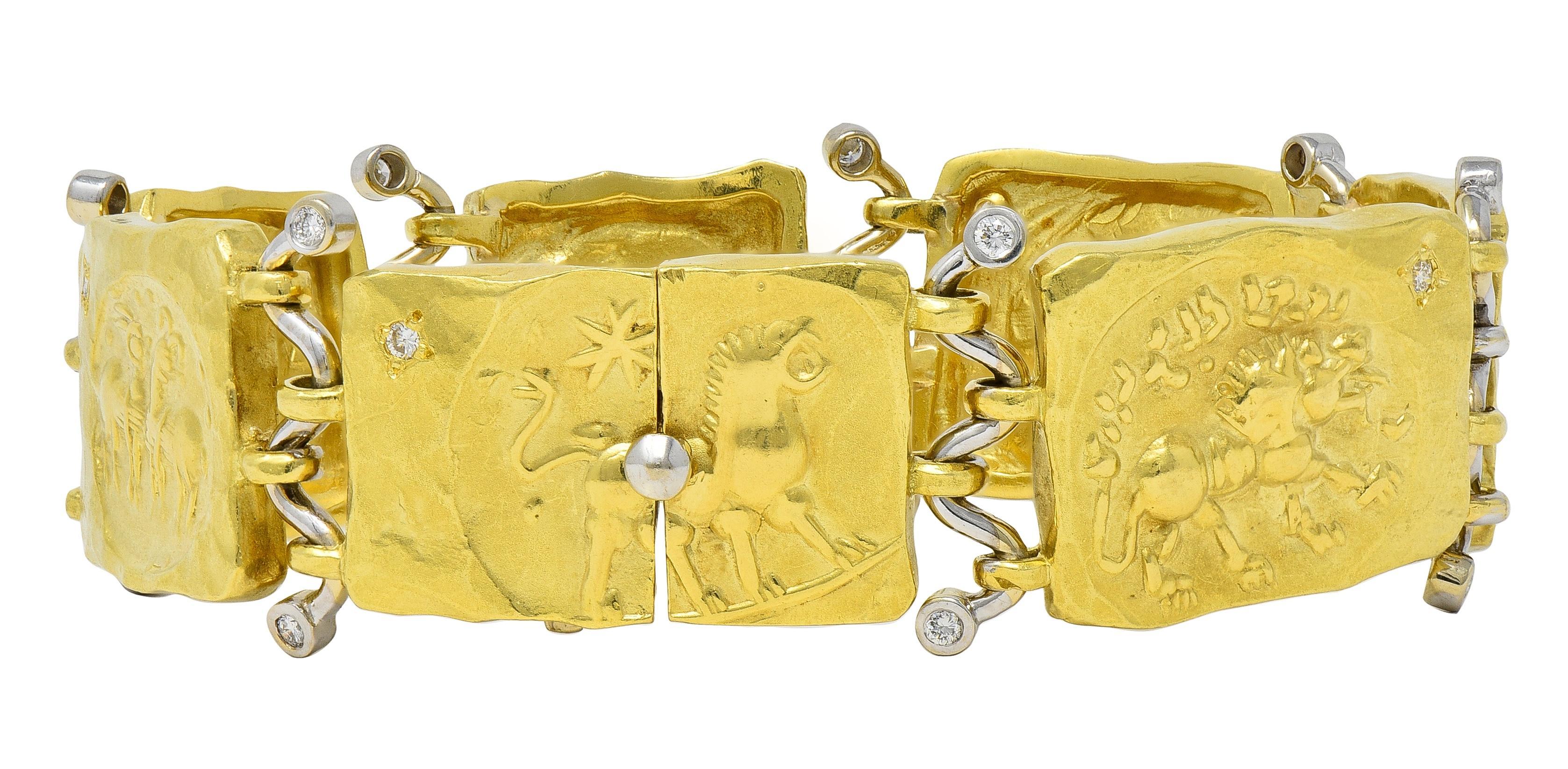 SeidenGang 1990's Diamond 18 Karat Gold Vintage Ancient Panel Link Bracelet For Sale 2