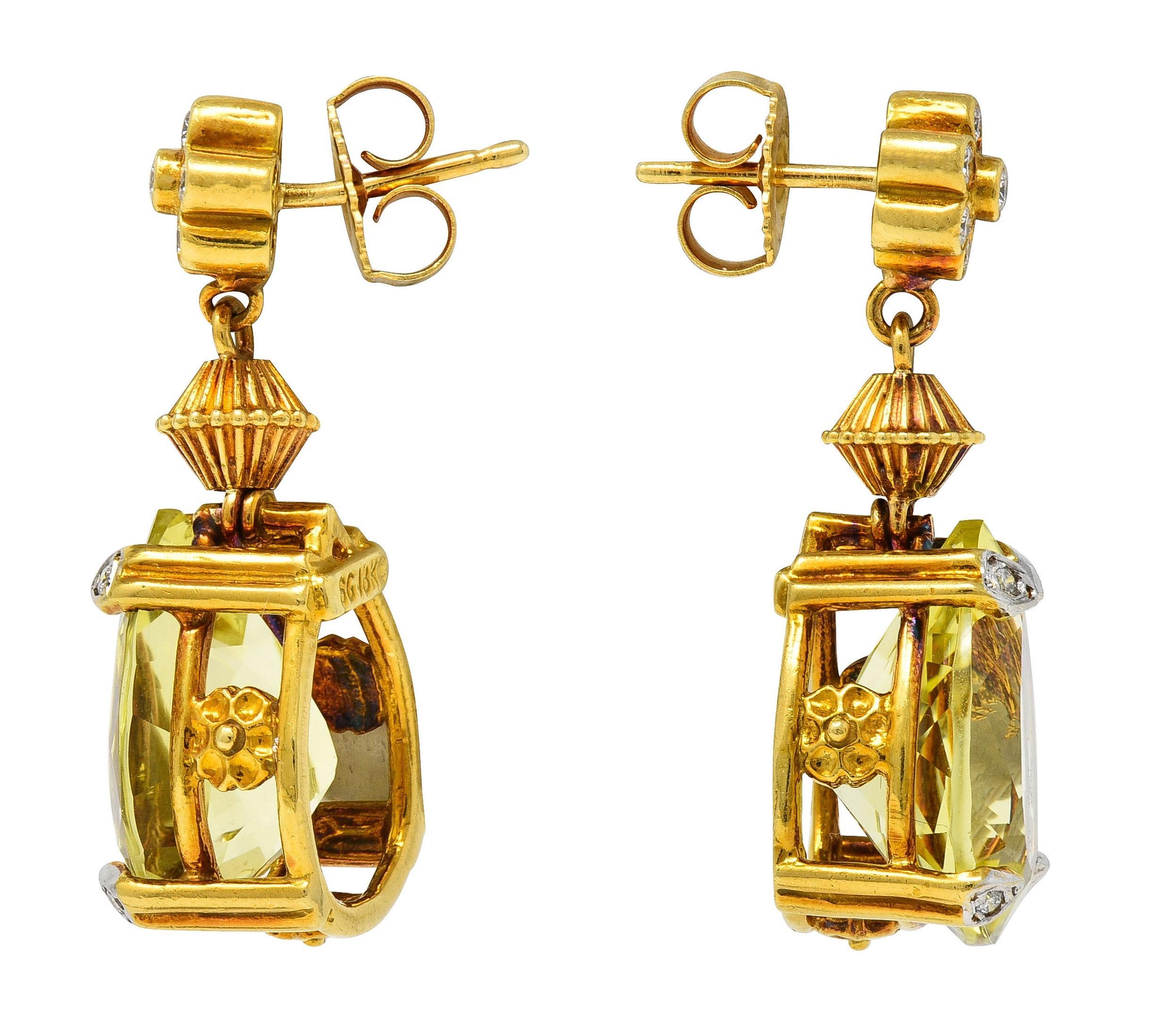 SeidenGang 1990er Zitronenquarz Diamant 18K zweifarbige Gold Vintage Tropfenohrringe mit Diamanten (Gemischter Schliff)
