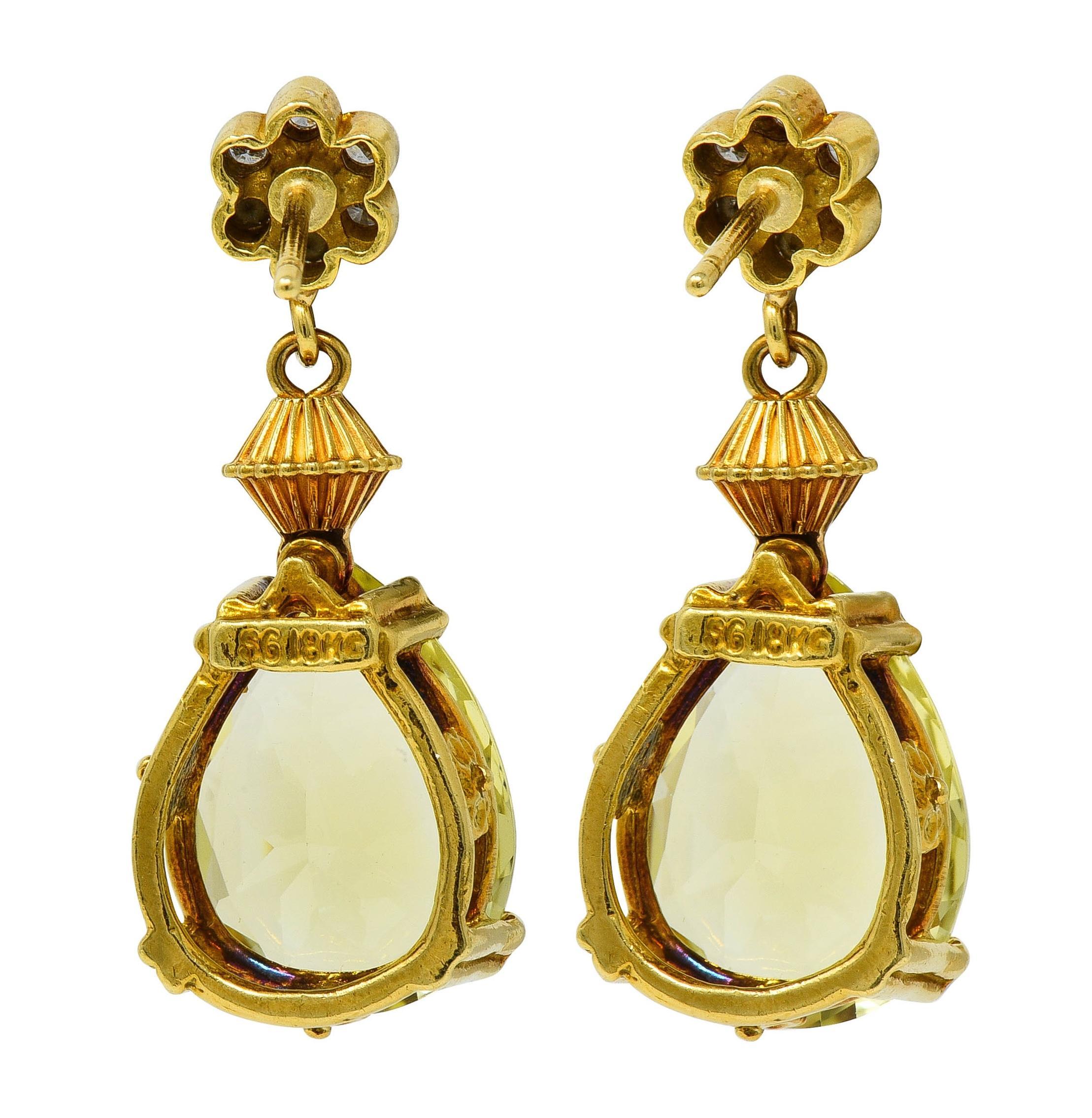 SeidenGang 1990er Zitronenquarz Diamant 18K zweifarbige Gold Vintage Tropfenohrringe mit Diamanten für Damen oder Herren