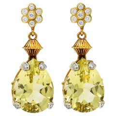 SeidenGang 1990er Zitronenquarz Diamant 18K zweifarbige Gold Vintage Tropfenohrringe mit Diamanten