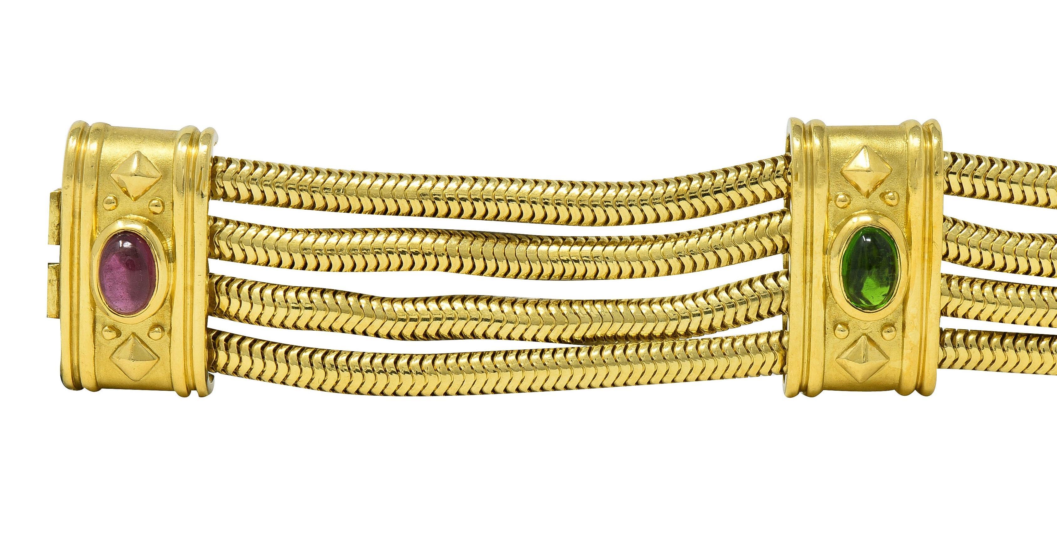 SeidenGang 1990er Turmalin 18 Karat Gelbgold Mehrreihiges Vintage-Armband (Ovalschliff) im Angebot