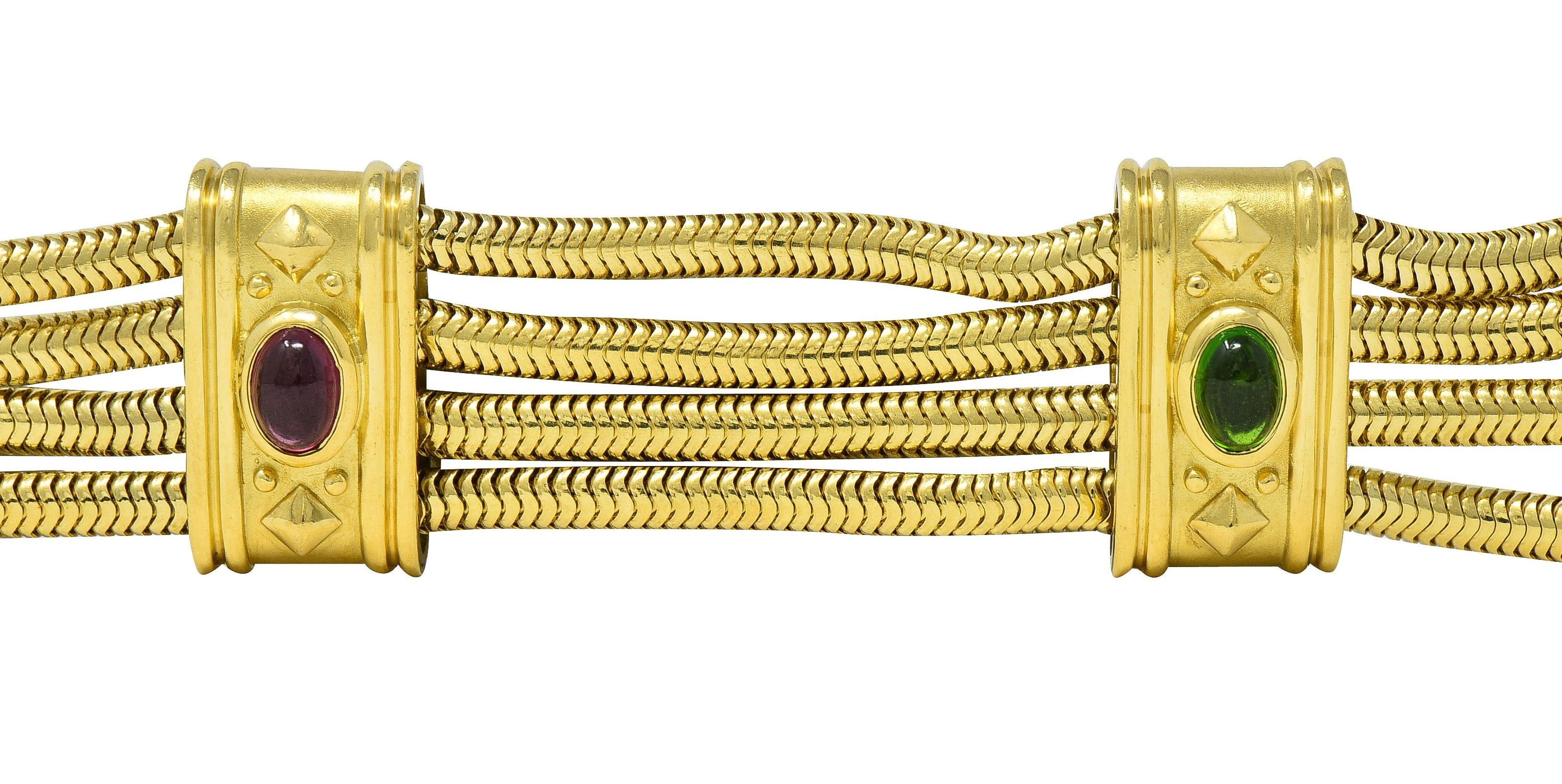 SeidenGang 1990er Turmalin 18 Karat Gelbgold Mehrreihiges Vintage-Armband im Zustand „Hervorragend“ im Angebot in Philadelphia, PA