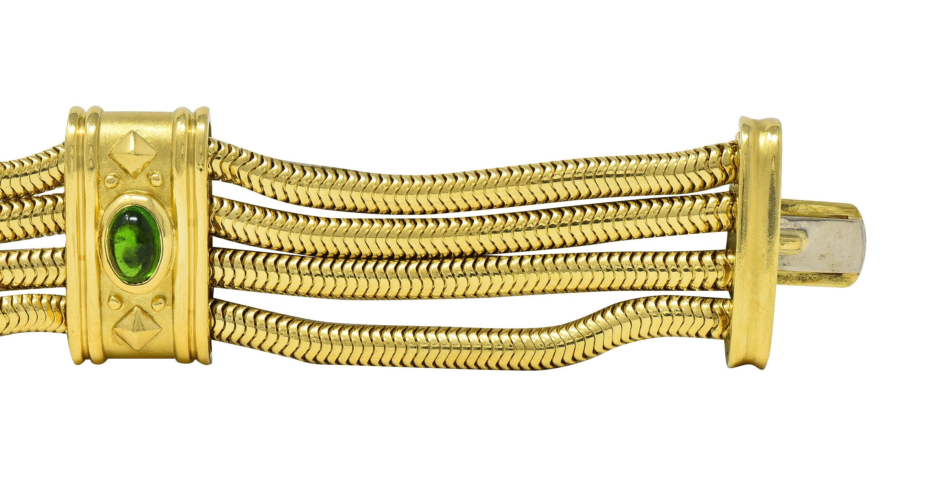 SeidenGang 1990er Turmalin 18 Karat Gelbgold Mehrreihiges Vintage-Armband für Damen oder Herren im Angebot
