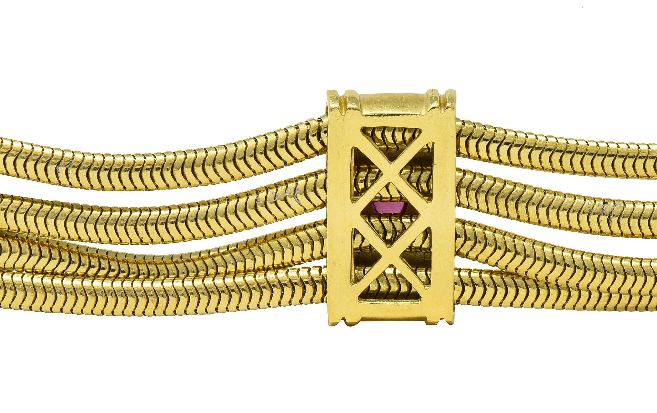 SeidenGang 1990er Turmalin 18 Karat Gelbgold Mehrreihiges Vintage-Armband im Angebot 2