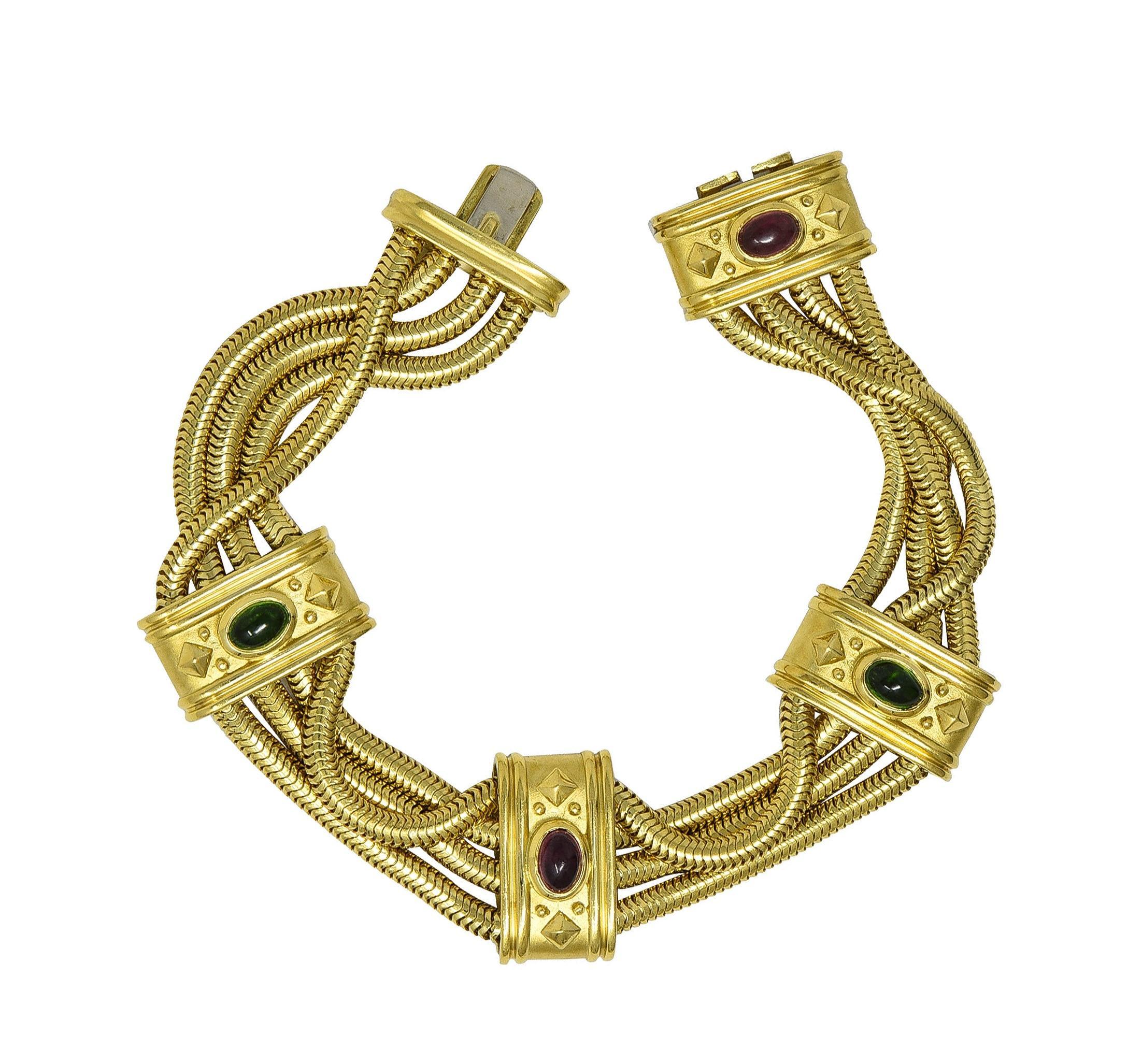 SeidenGang 1990er Turmalin 18 Karat Gelbgold Mehrreihiges Vintage-Armband im Angebot 4