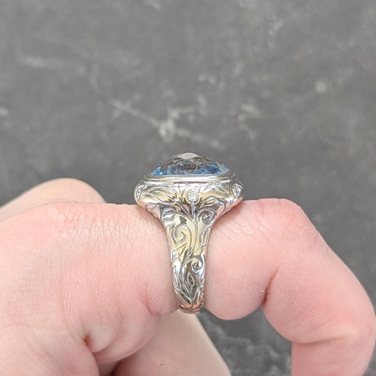 SeidenGang 2000's 11.40 CTW Aquamarine Diamond 14 Karat White Gold Foliate Ring For Sale 5