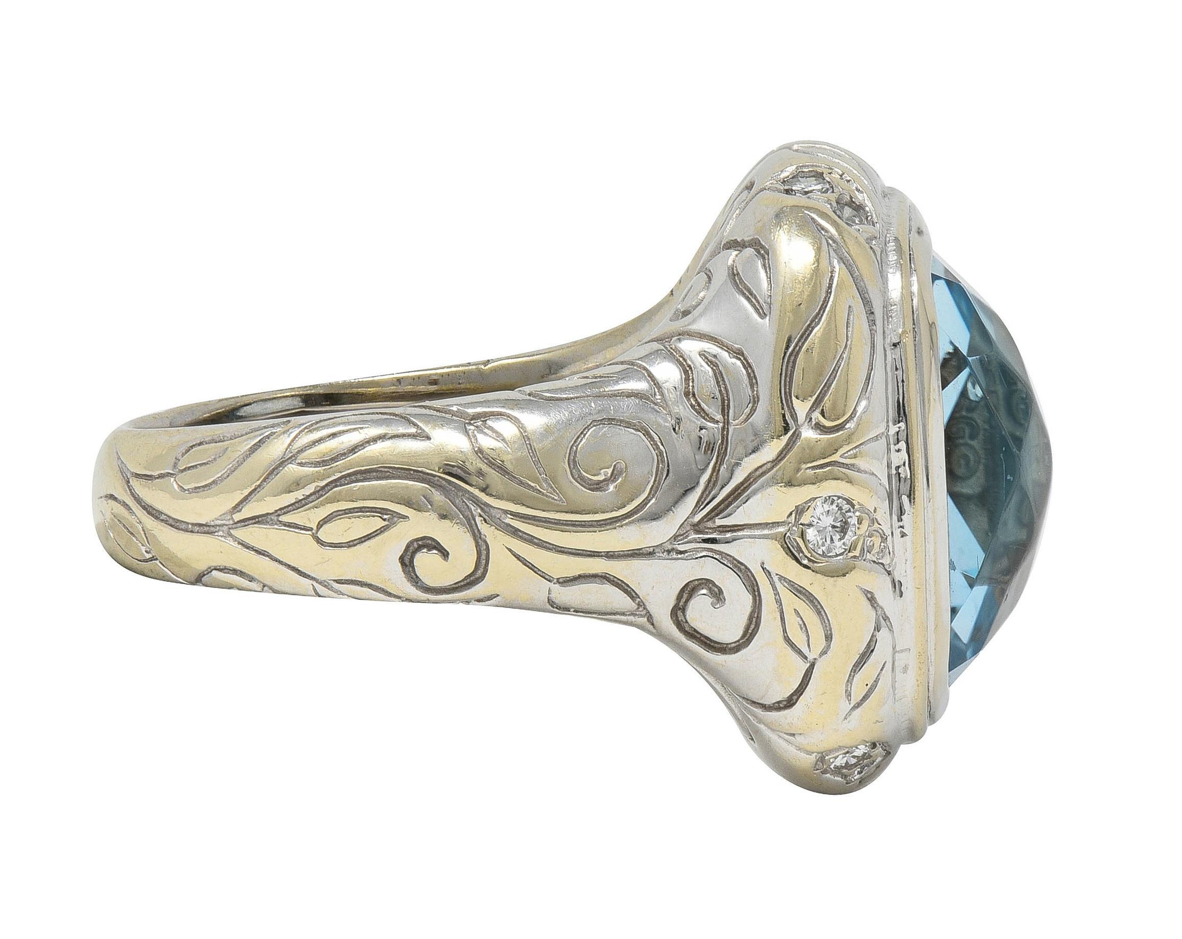 Cushion Cut SeidenGang 2000's 11.40 CTW Aquamarine Diamond 14 Karat White Gold Foliate Ring For Sale