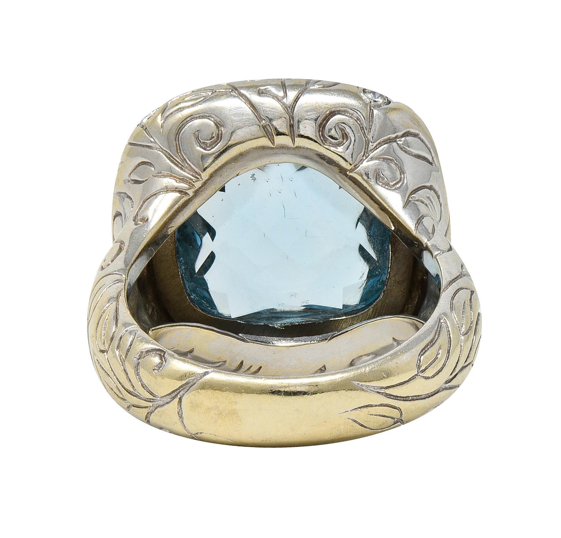 SeidenGang 2000's 11.40 CTW Aquamarine Diamond 14 Karat White Gold Foliate Ring In Good Condition For Sale In Philadelphia, PA