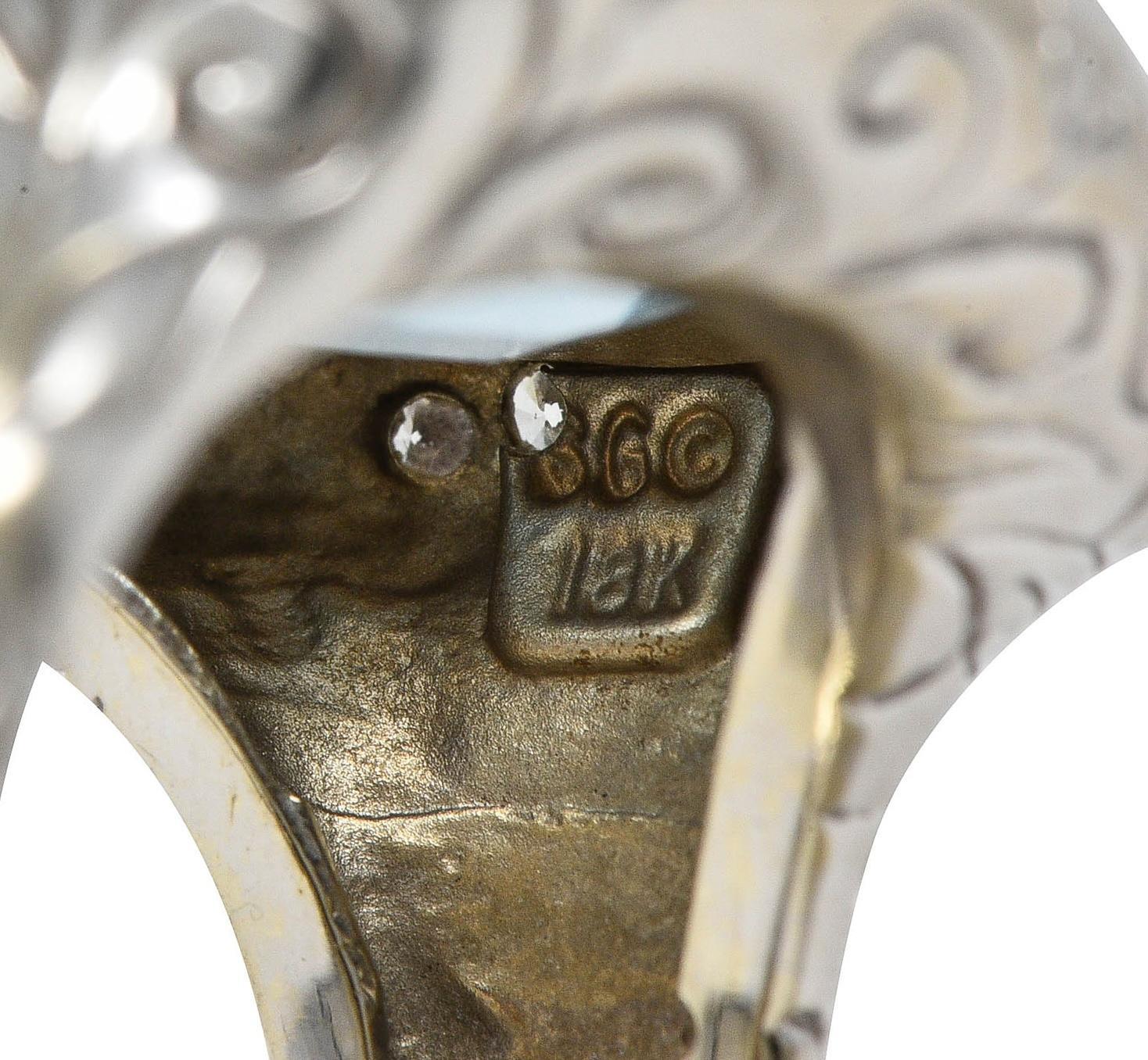SeidenGang 2000's 11.40 CTW Aquamarine Diamond 14 Karat White Gold Foliate Ring For Sale 1
