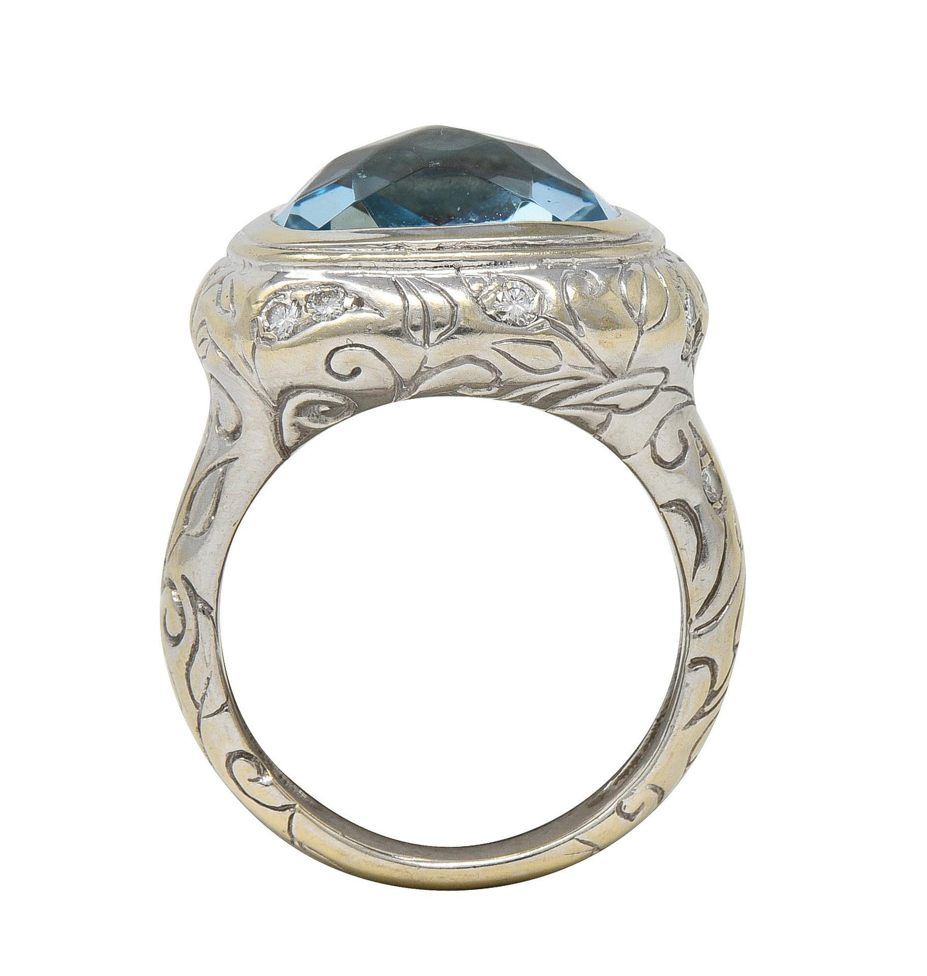 SeidenGang 2000's 11.40 CTW Aquamarine Diamond 14 Karat White Gold Foliate Ring For Sale 2