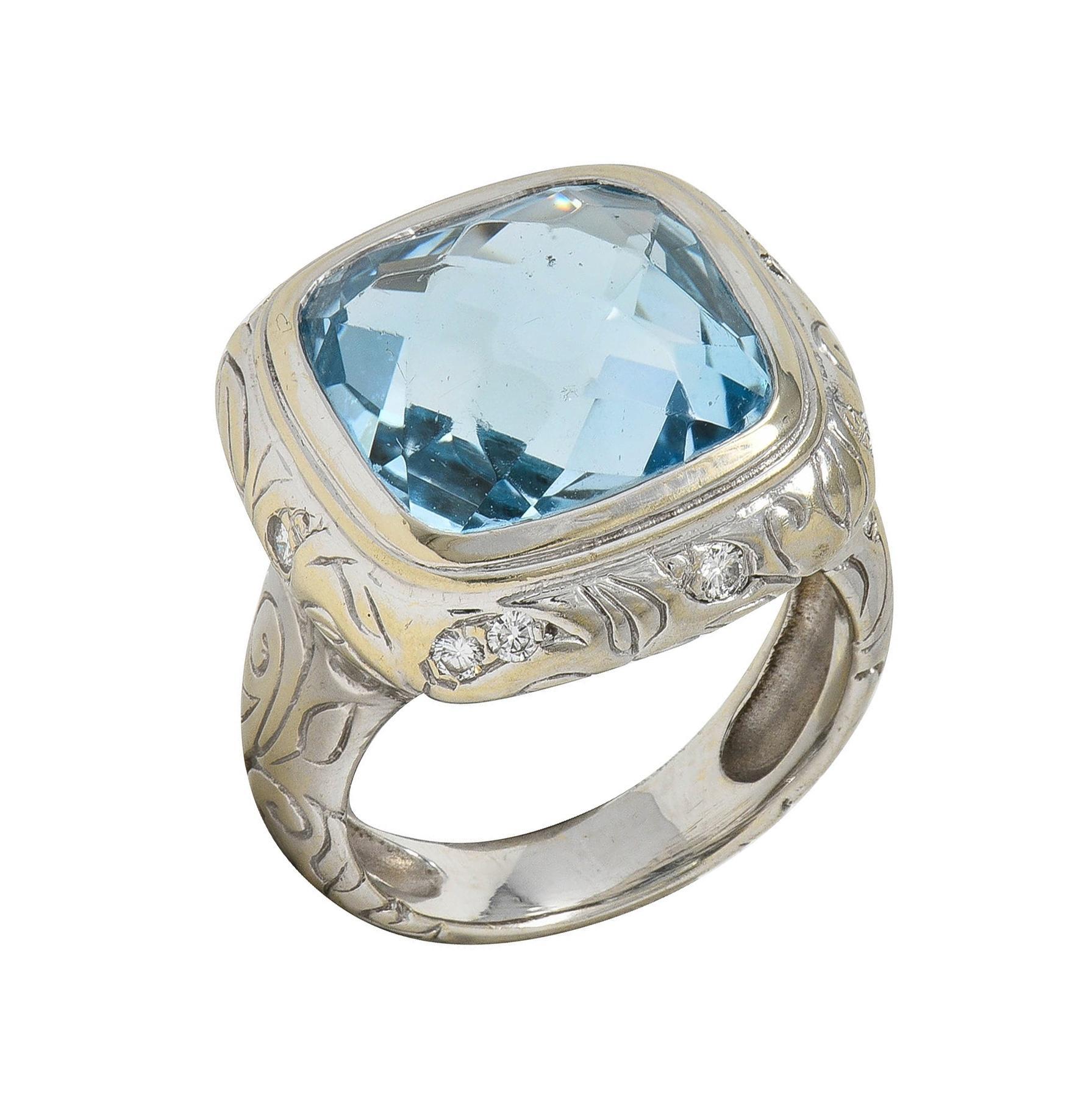 SeidenGang 2000's 11.40 CTW Aquamarine Diamond 14 Karat White Gold Foliate Ring For Sale 3