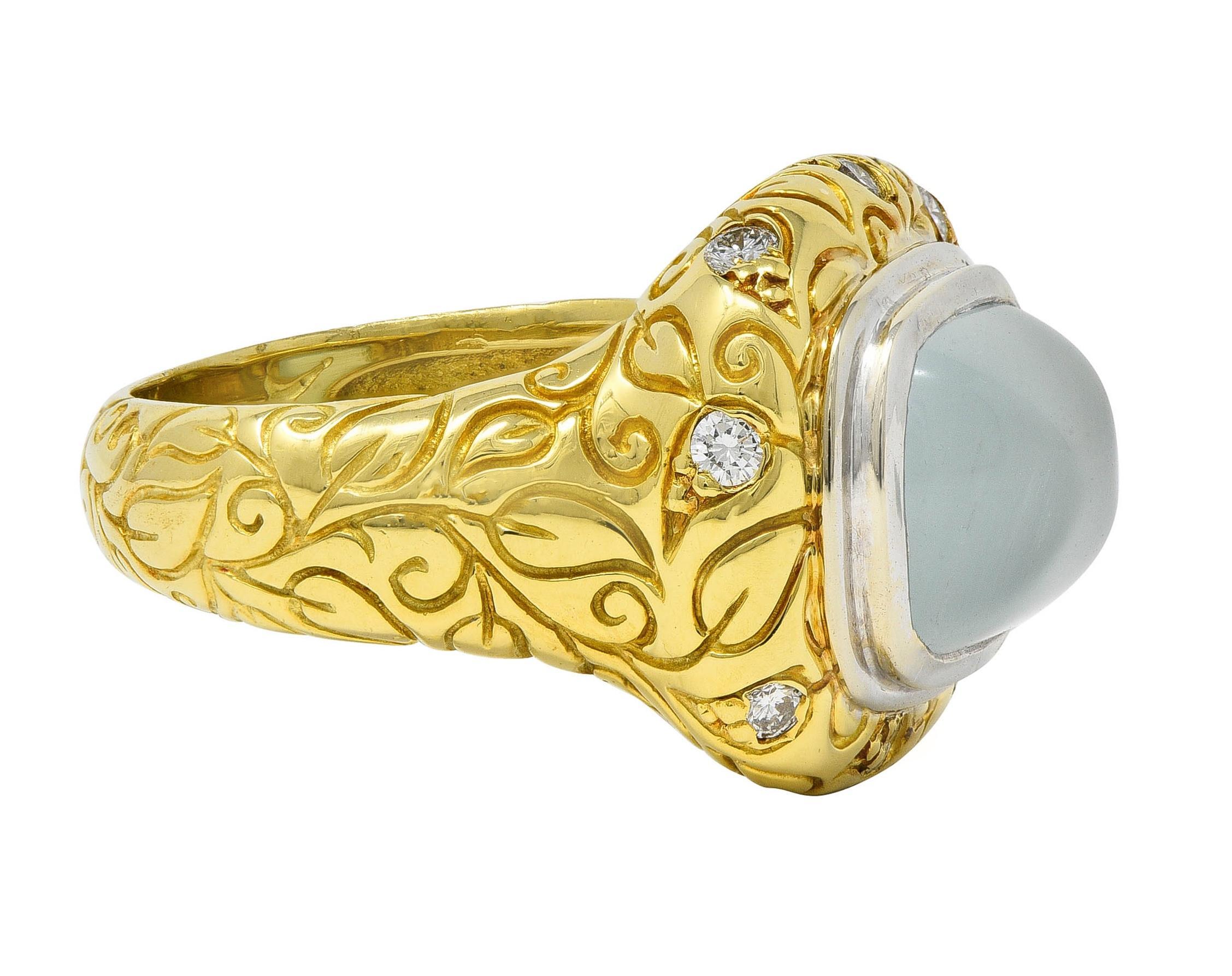 Sugarloaf Cabochon SeidenGang 2000's Chalcedony Diamond 18 Karat Gold Scrolling Foliate Ring