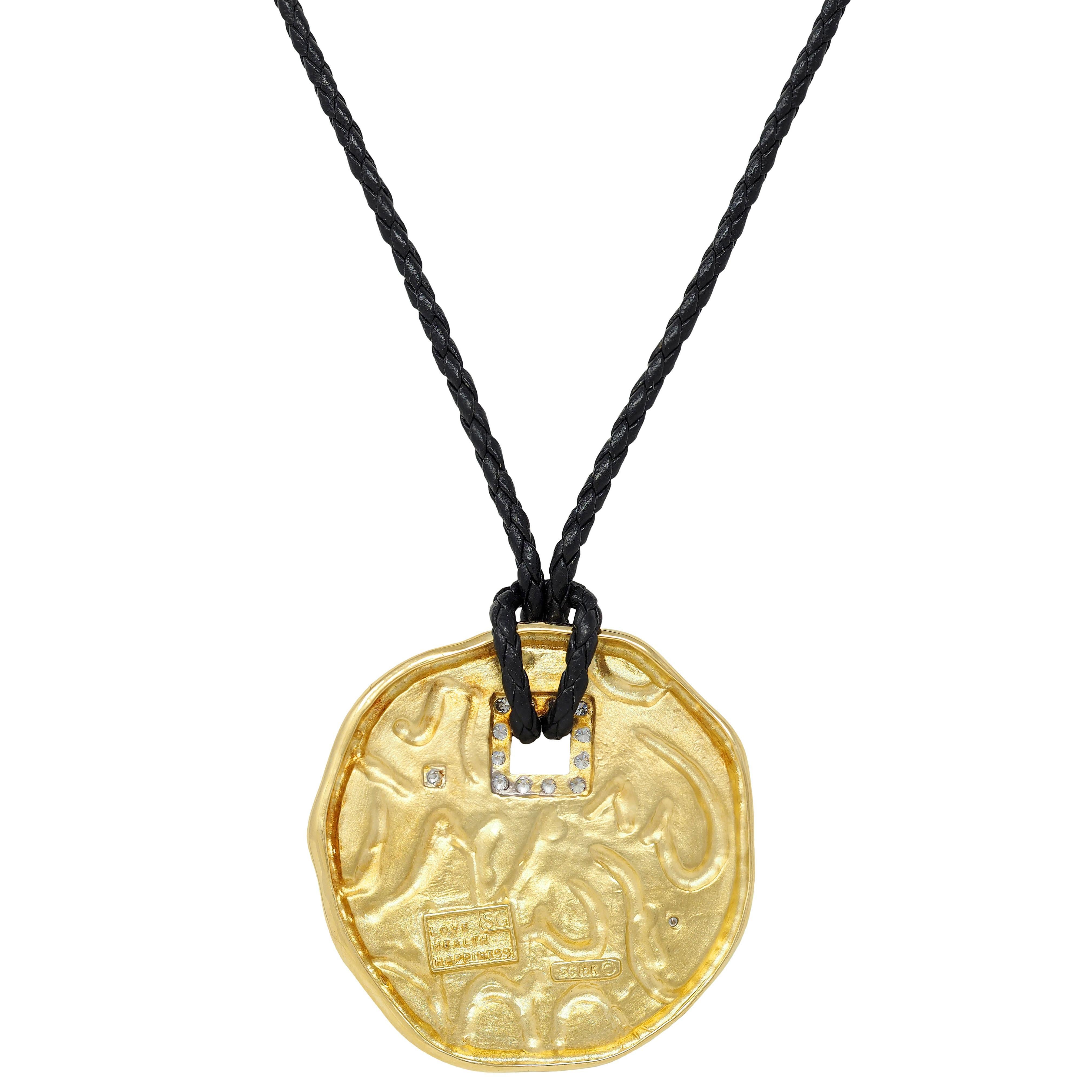 Women's or Men's SeidenGang 2000's Diamond 18K Gold Leather Cord Circle Of Love Pendant Necklace For Sale