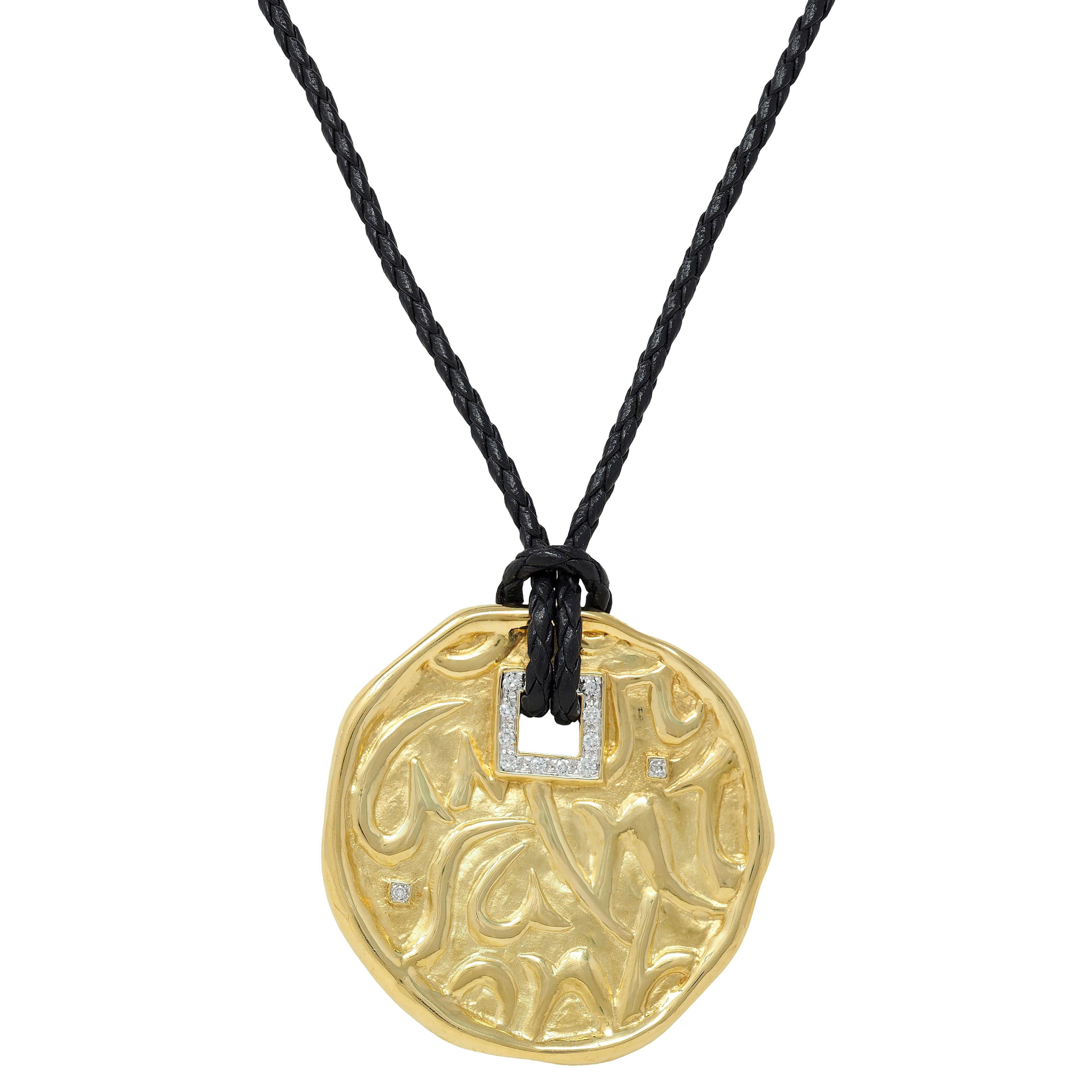 SeidenGang 2000's Diamond 18K Gold Leather Cord Circle Of Love Pendant Necklace For Sale