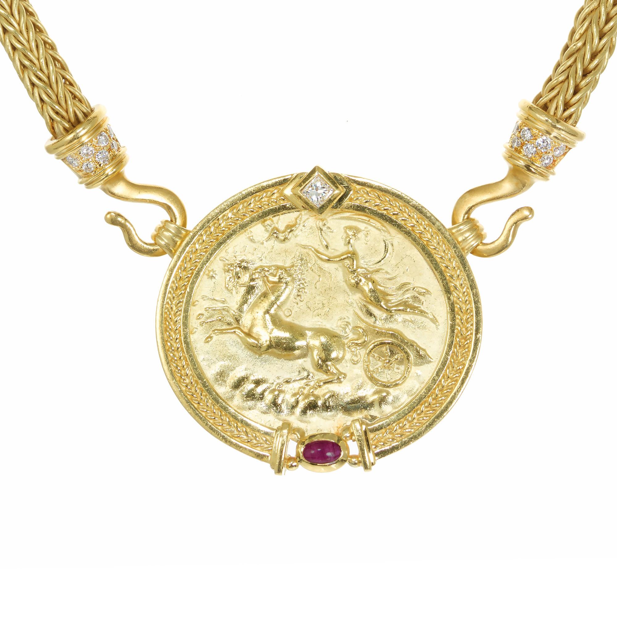 Vintage Byzantine style Seidengang heavy textured 18k gold necklace and pin and pendant necklace. This round pendant has a horse and chariot, accented with a princess cut diamond on top and a cabochon oval ruby on the bottom. A 16 inch woven chain