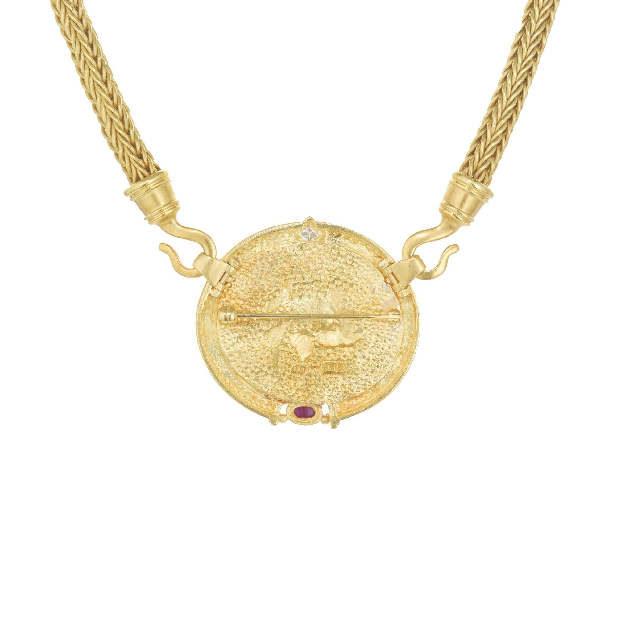 Oval Cut Seidengang .30 Carat Diamond Ruby Yellow Gold Pin Pendant Necklace  For Sale