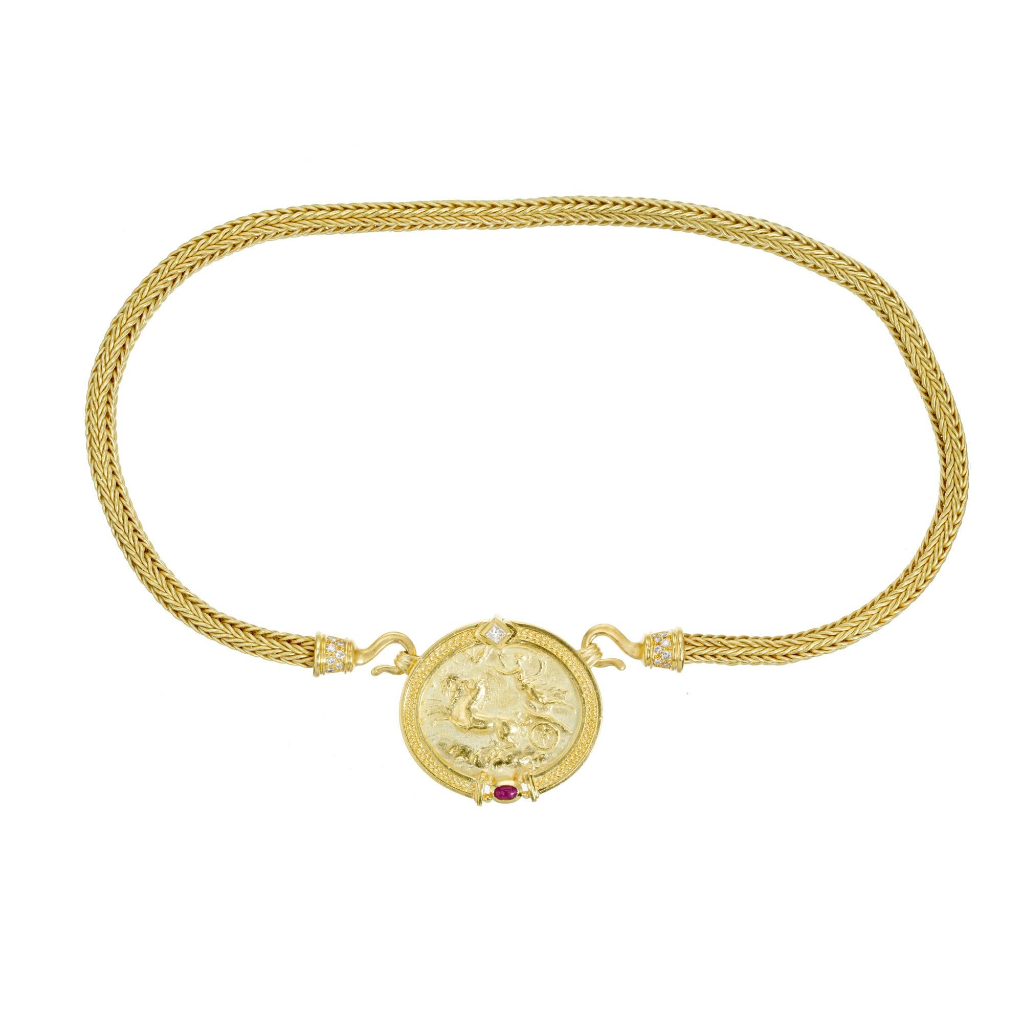 Women's Seidengang .30 Carat Diamond Ruby Yellow Gold Pin Pendant Necklace  For Sale