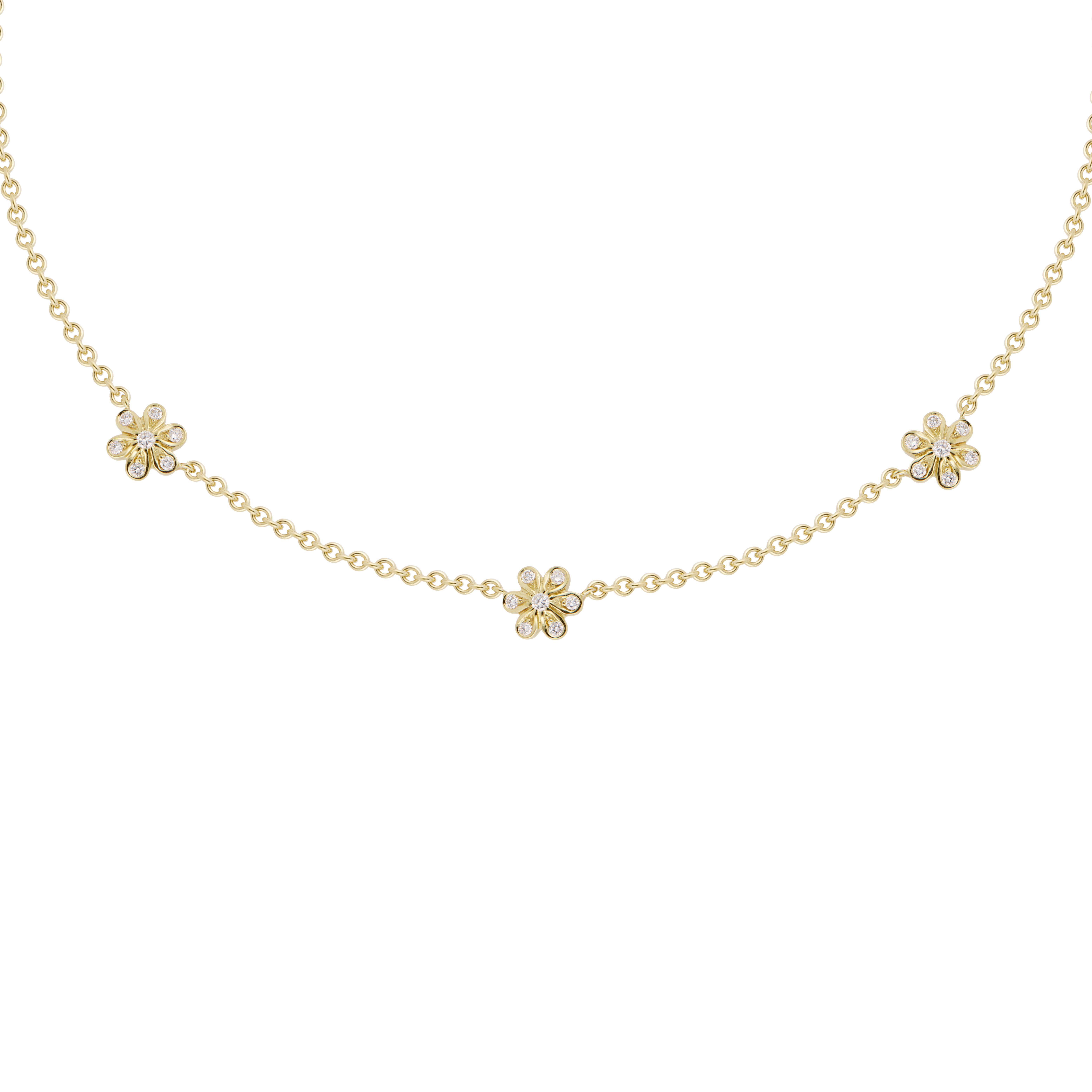 Authentic Seidengang triple diamond flower 18k yellow gold necklace. 21 round brilliant cut diamonds in three gold flowers. 16 inches in length.

21 round brilliant cut diamonds, G VS approx. .35cts
18k yellow gold 
Stamped: 18k
Hallmark: SG